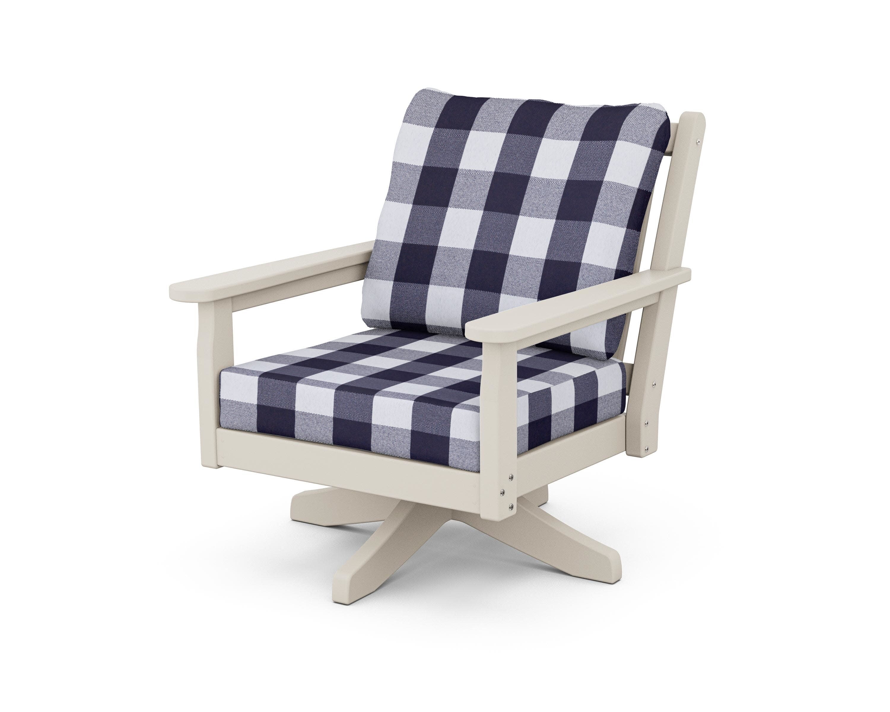 Chippendale Deep Seating Swivel Chair in Sand / Buffalo Plaid Navy