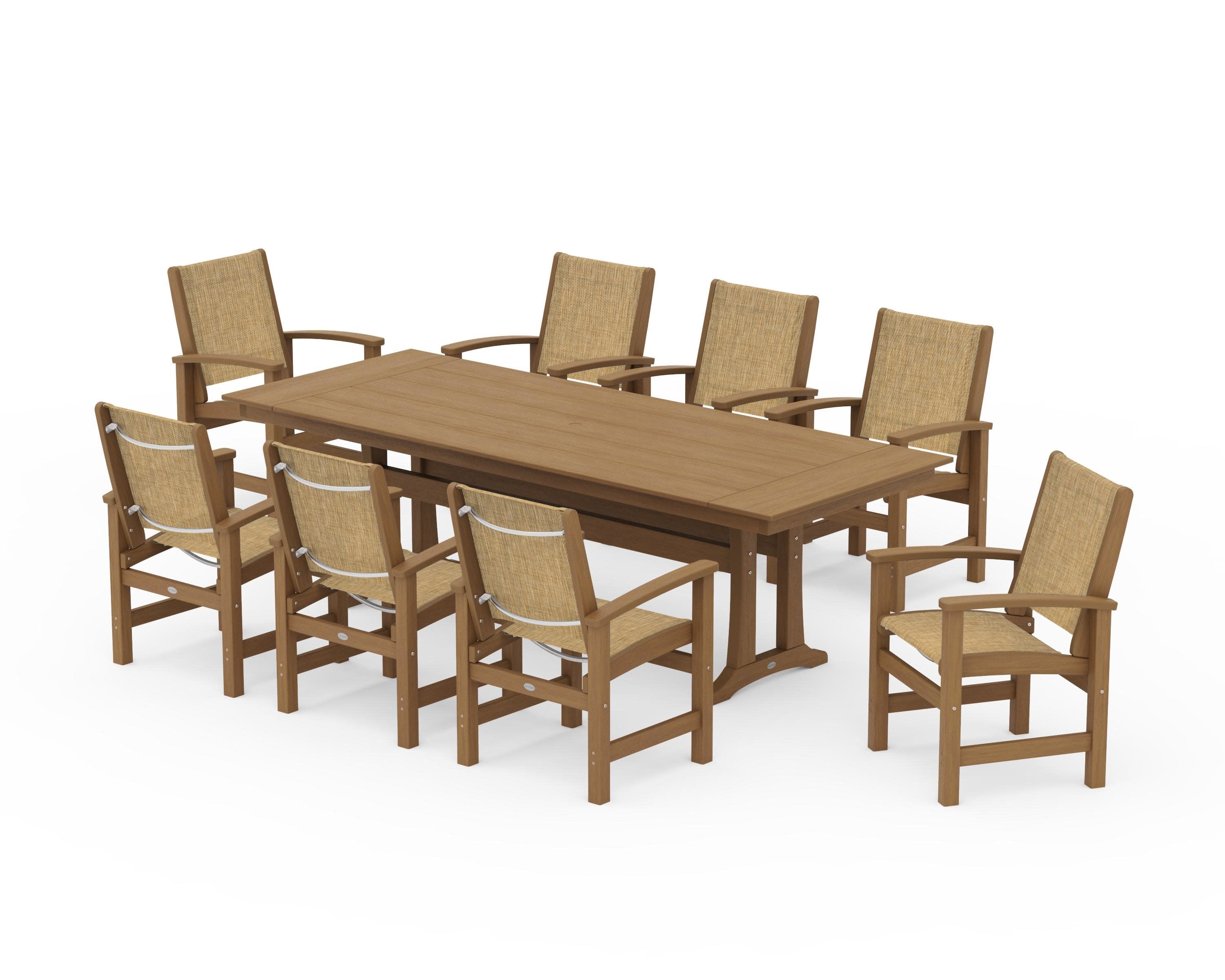 Coastal 9-Piece Farmhouse Dining Set with Trestle Legs in Natural / Burlap Sling