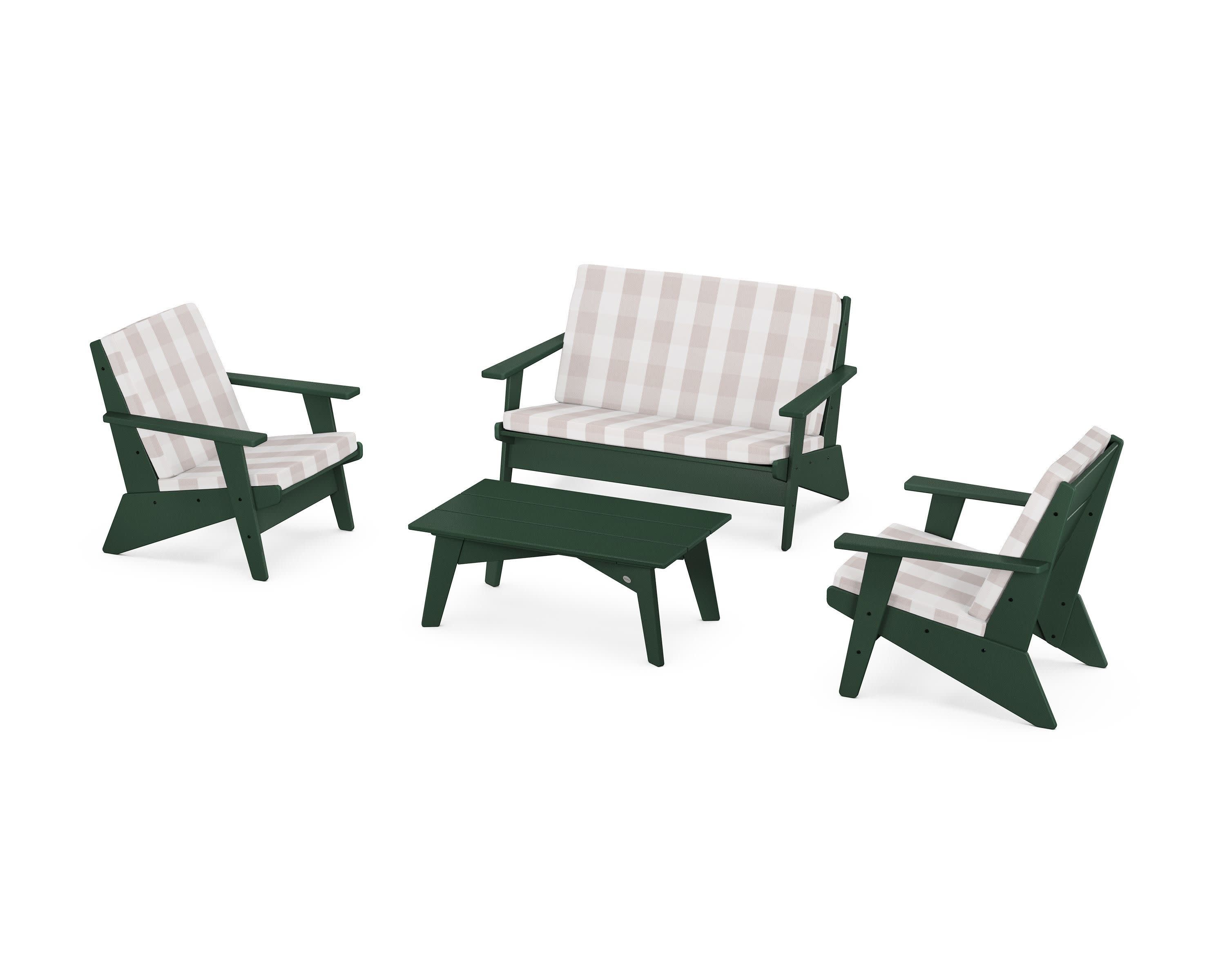 Riviera Modern Lounge 4-Piece Set in Green / Buffalo Plaid Dune Burlap