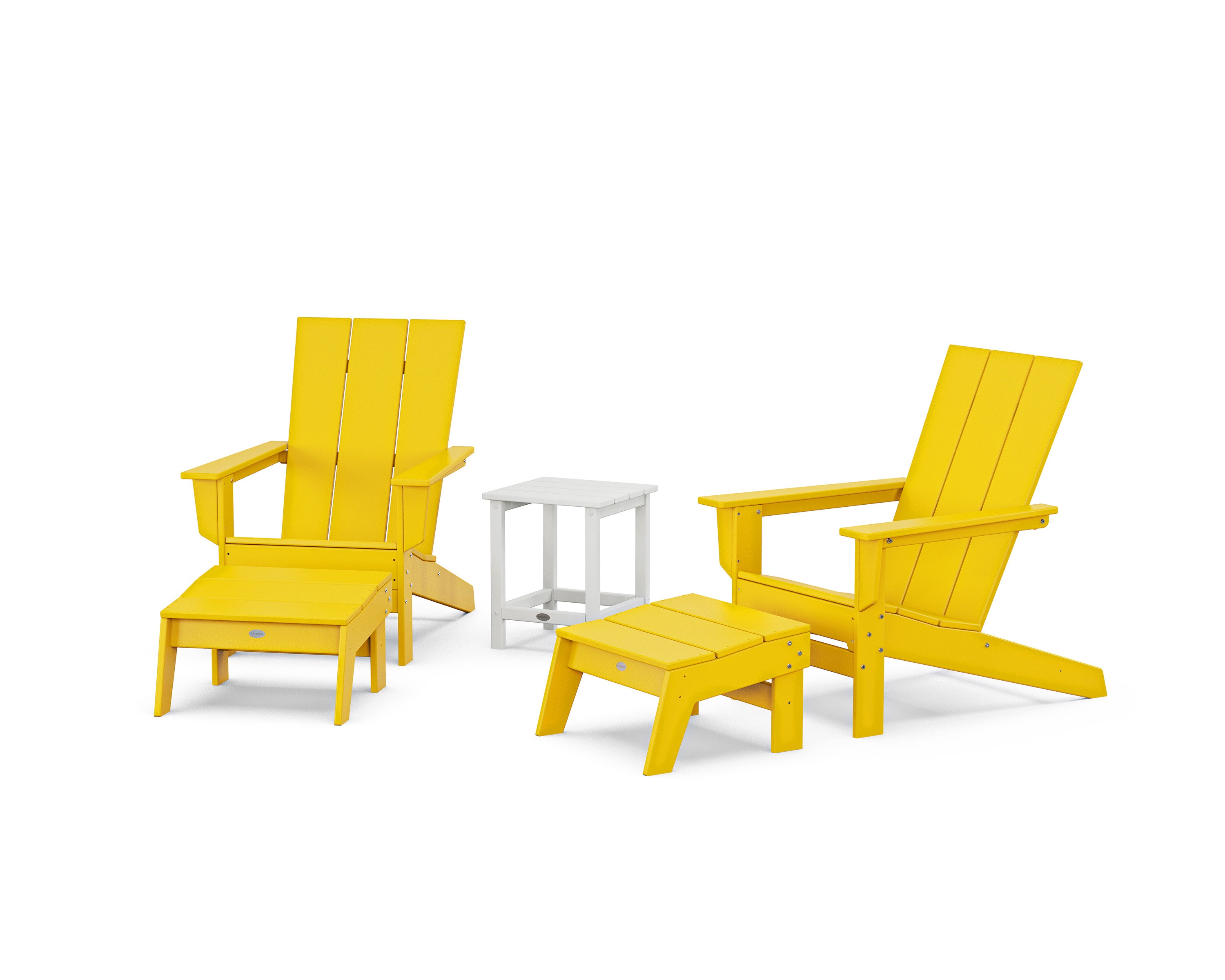 5-Piece Modern Studio Adirondack Set with Ottomans and Side Table in Lemon / White