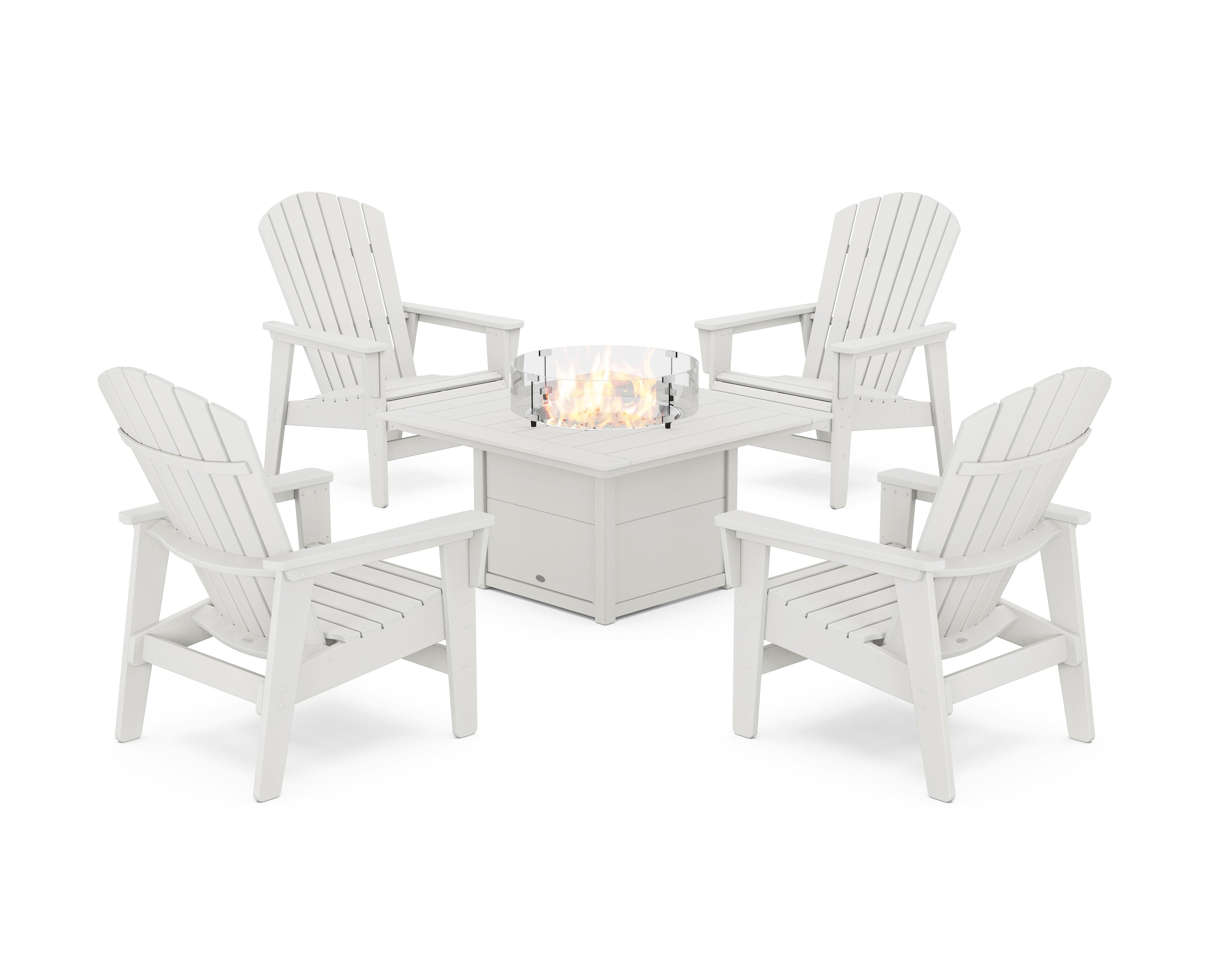 5-Piece Nautical Grand Upright Adirondack Conversation Set with Fire Pit Table in Vintage White