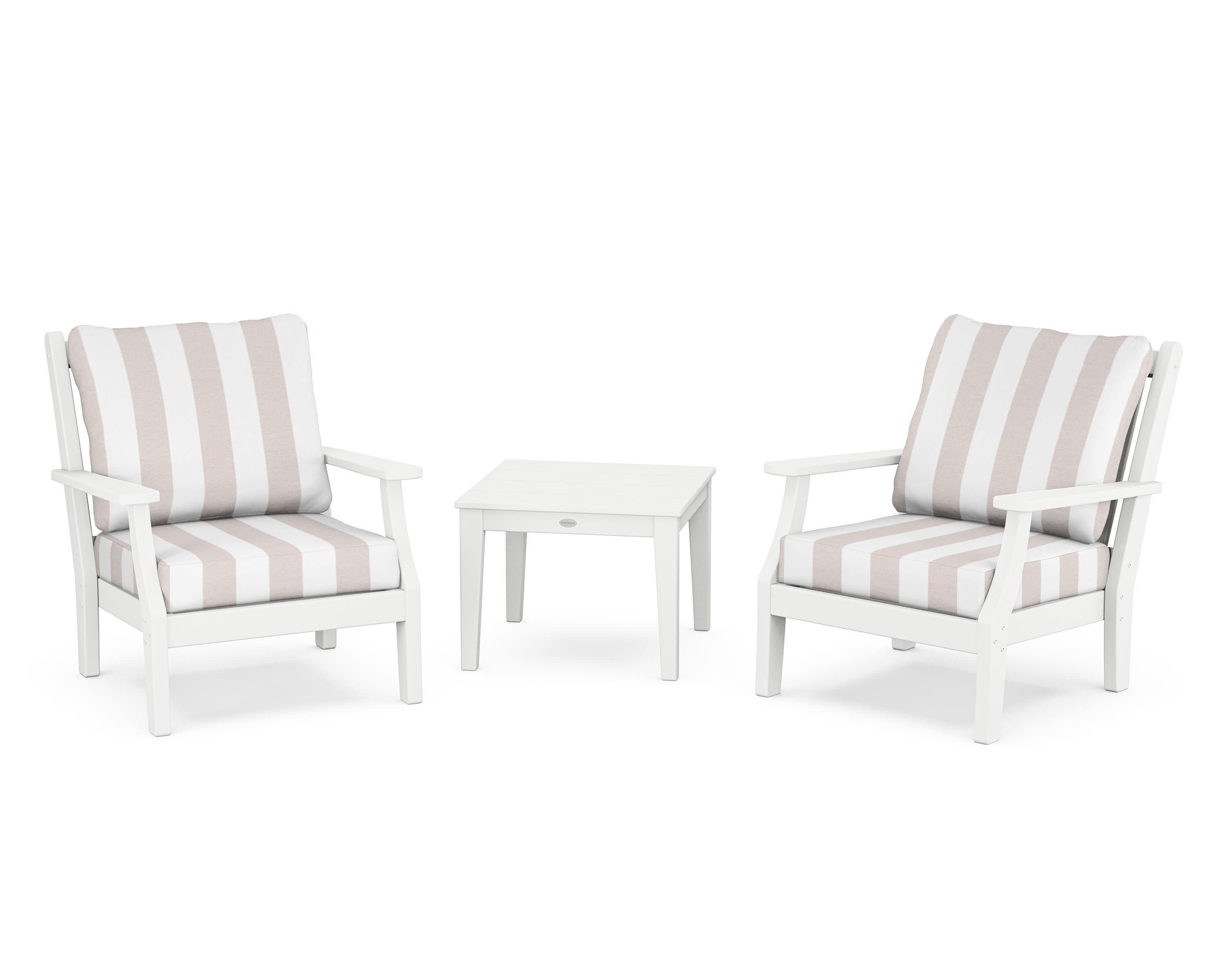 Wovendale 3-Piece Deep Seating Set in White / Cabana Stripe Dune Burlap