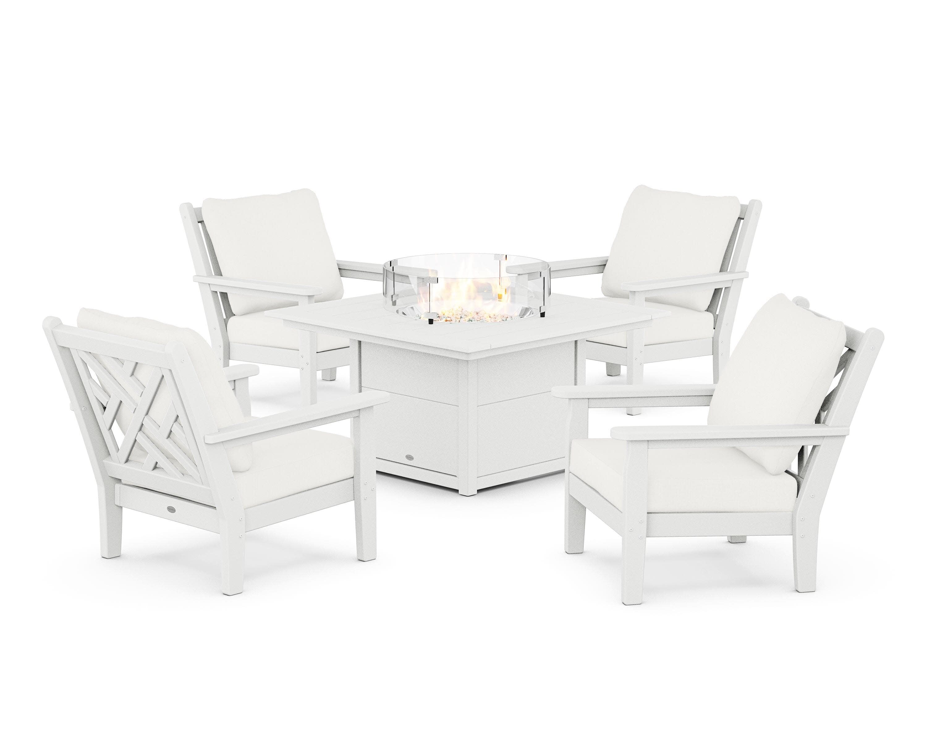 Chippendale 5-Piece Deep Seating Set with Fire Pit Table in White / Natural Linen