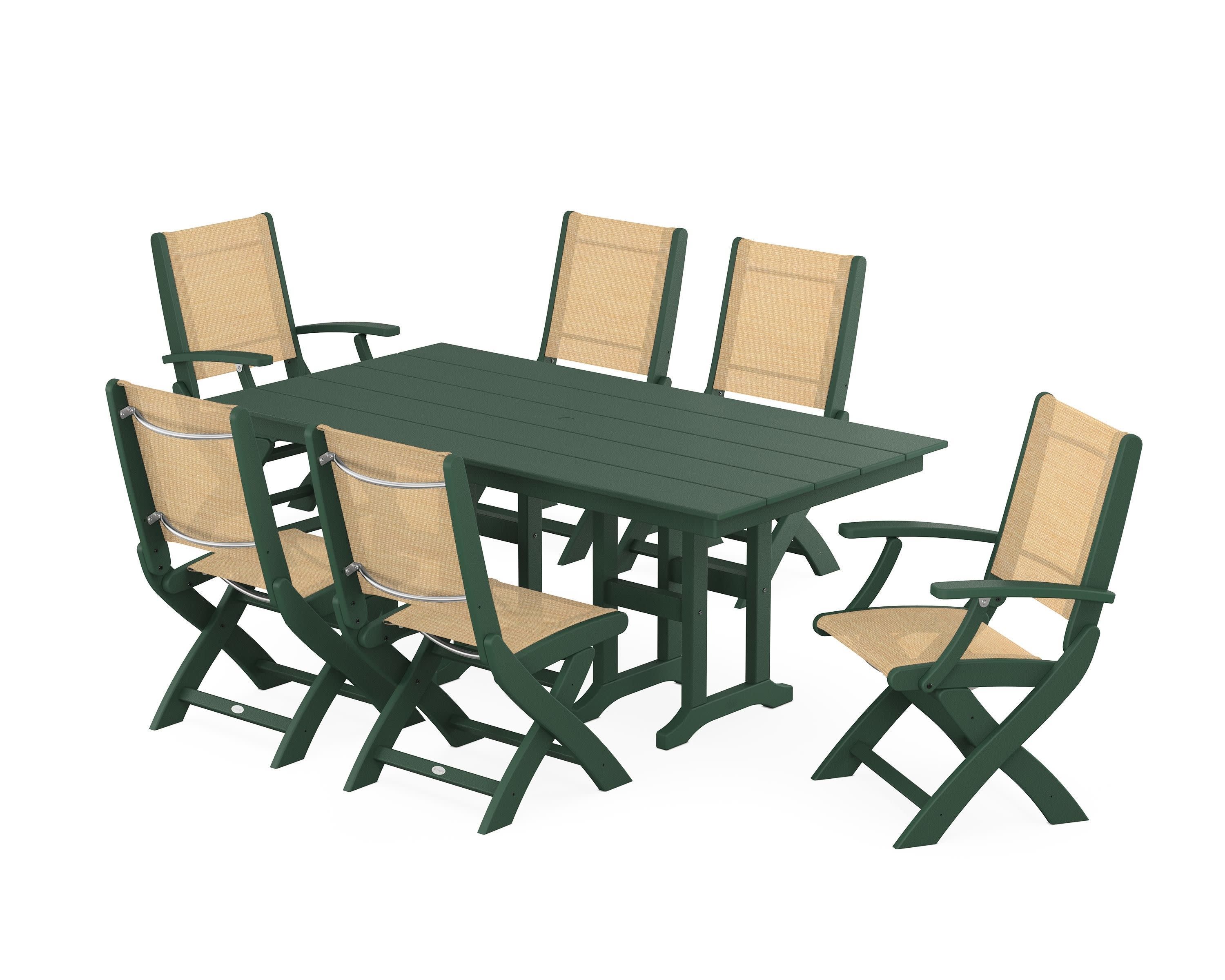 Coastal Folding Chair 7-Piece Farmhouse Dining Set in Green / Dupioni Apricot Sling