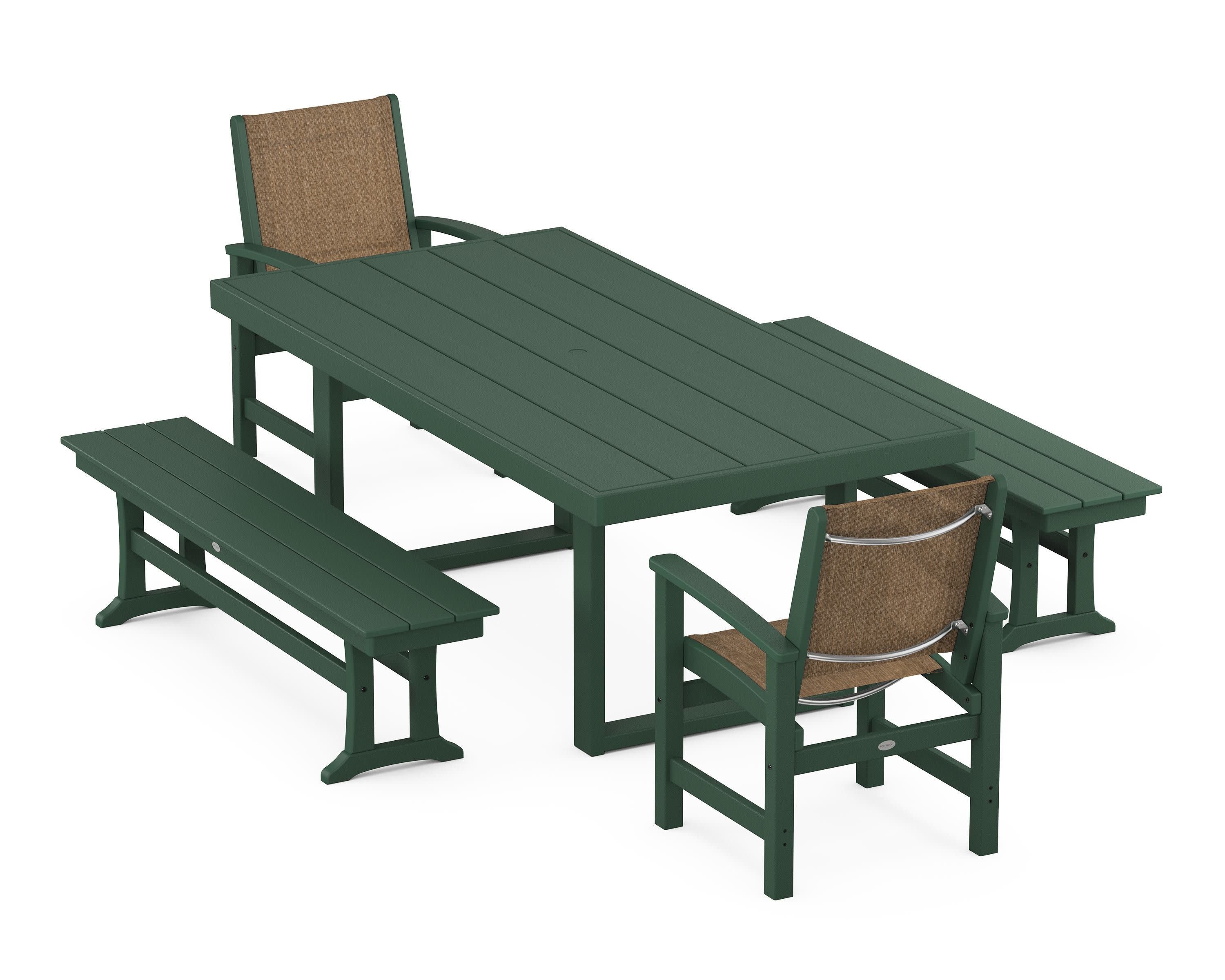Coastal 5-Piece Dining Set with Trestle Legs in Green / Burlap Sling