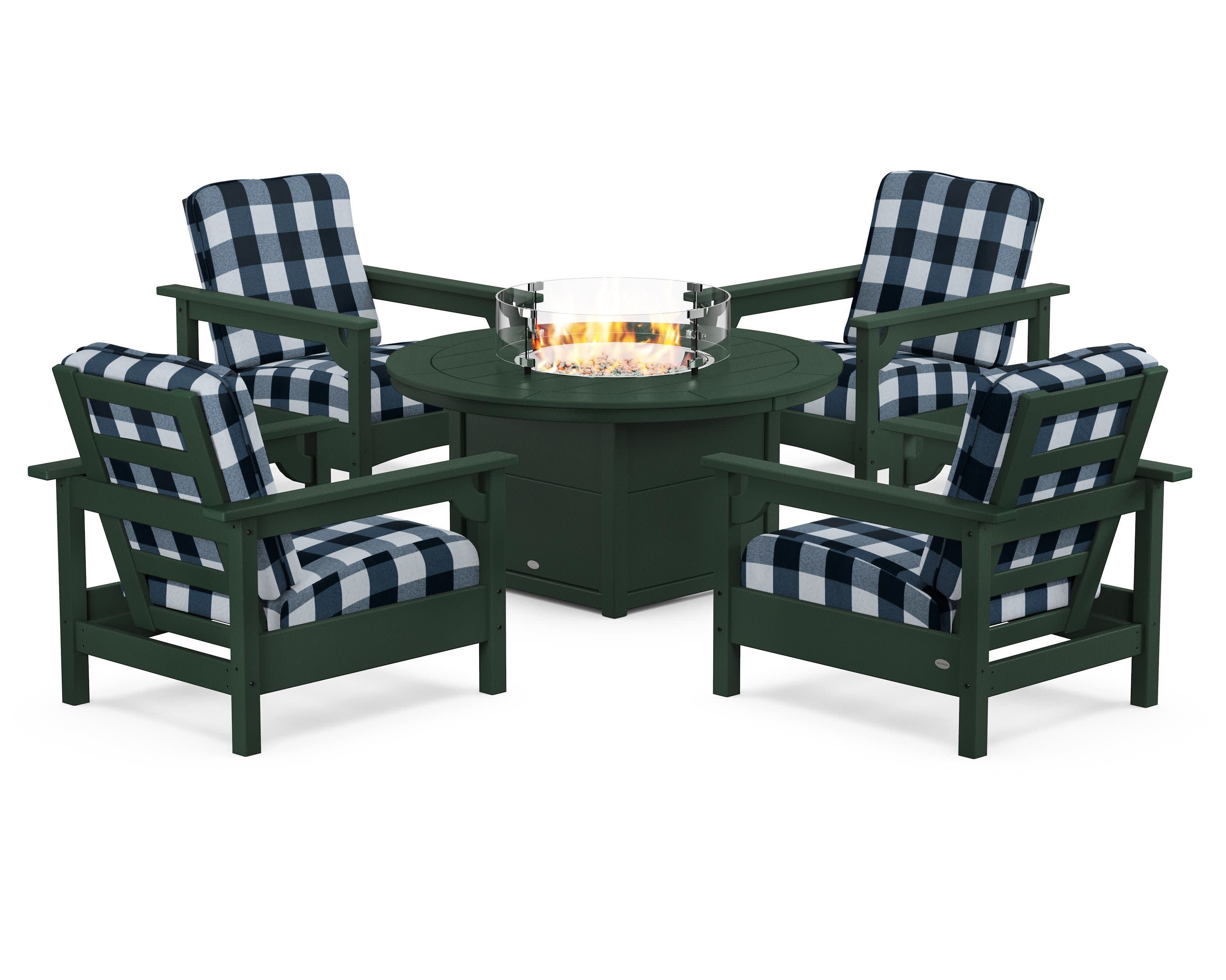 Club 5-Piece Conversation Set with Fire Pit Table in Green / Buffalo Plaid Marine Indigo