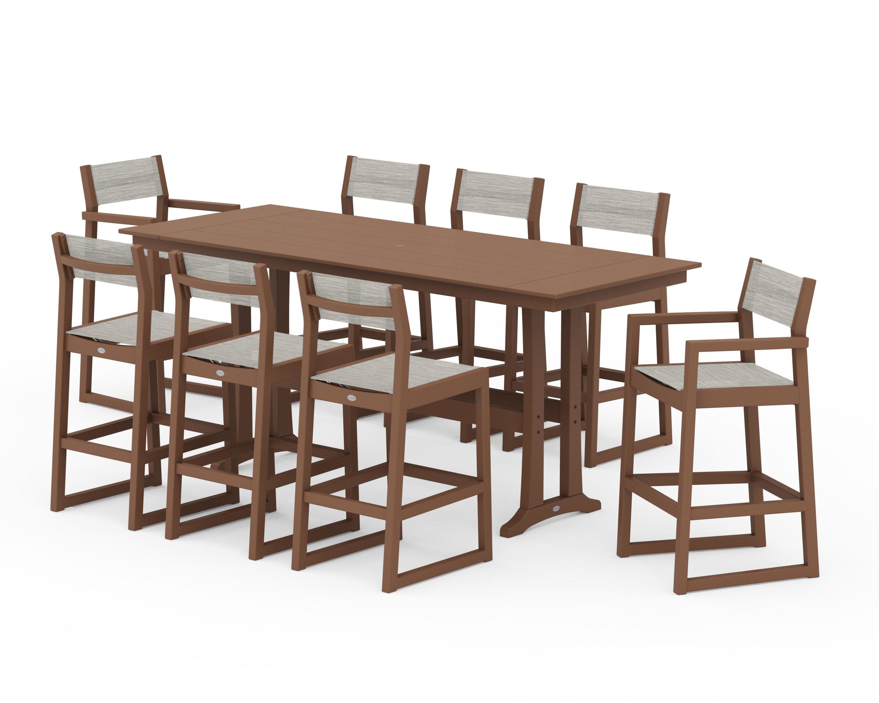 EDGE Sling 9-Piece Farmhouse Bar Set with Trestle Legs in Teak / Birch Sling