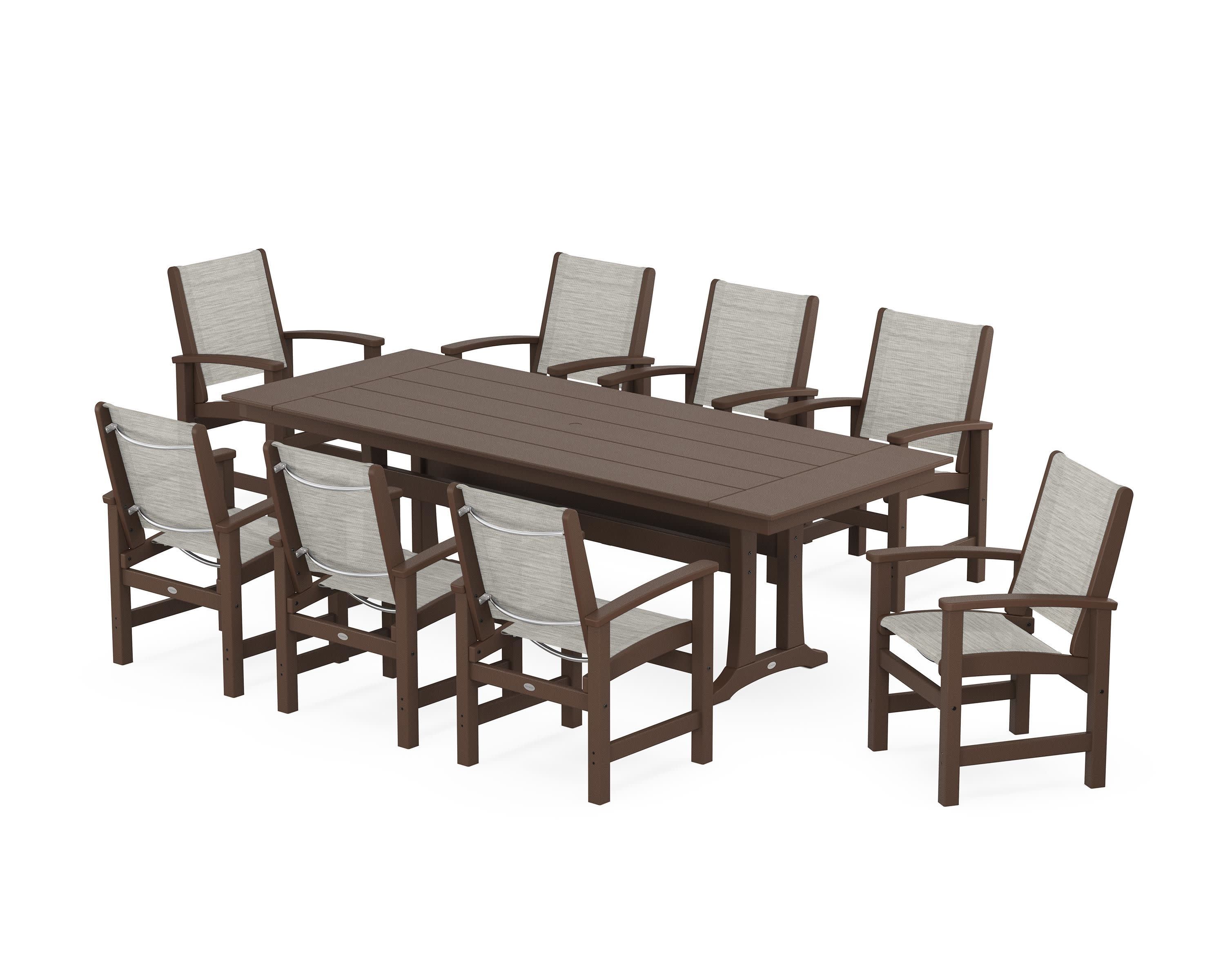 Coastal 9-Piece Farmhouse Dining Set with Trestle Legs in Mahogany / Birch Sling