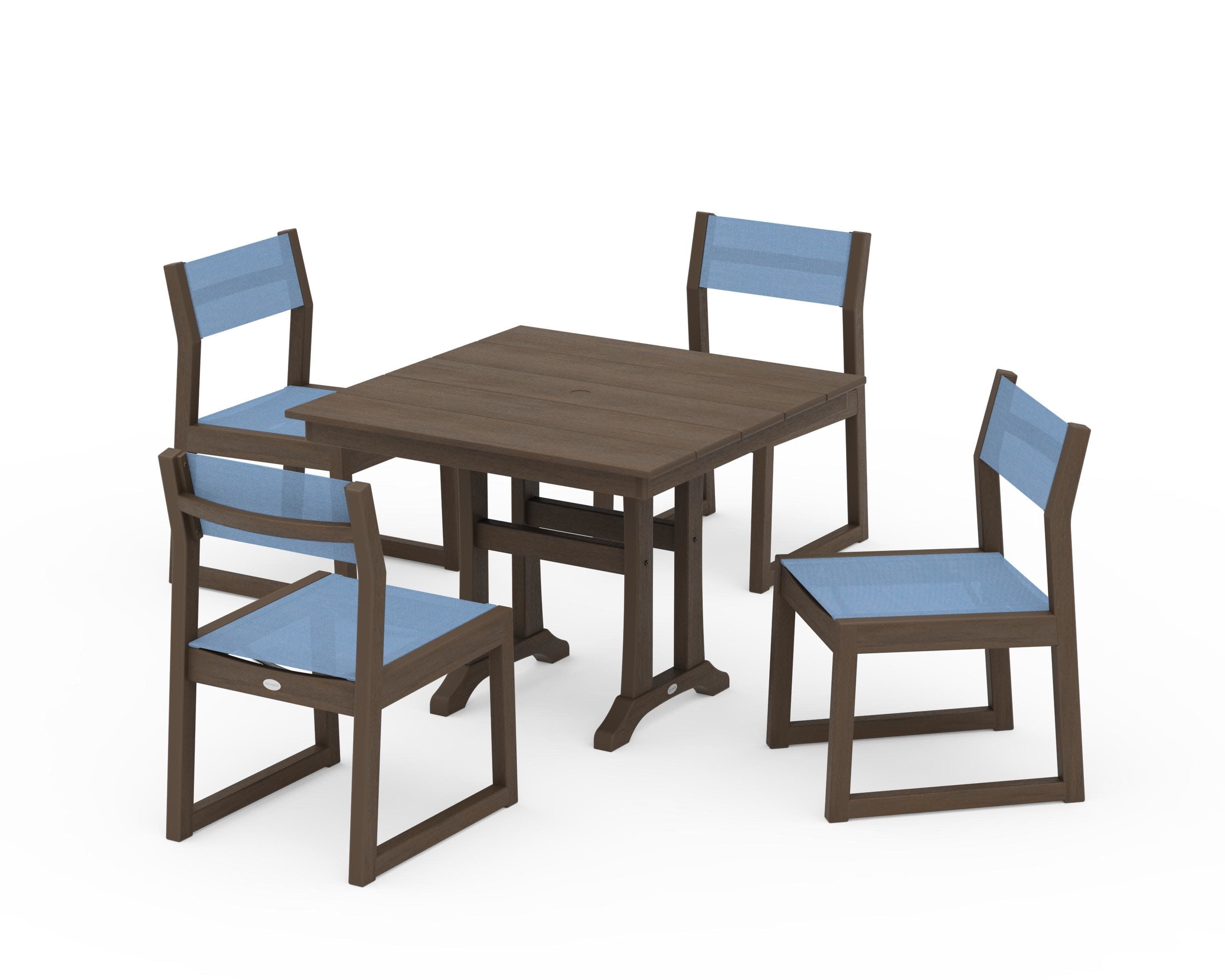 EDGE Sling 5-Piece Farmhouse Trestle Side Chair Dining Set in Kona / Poolside Sling