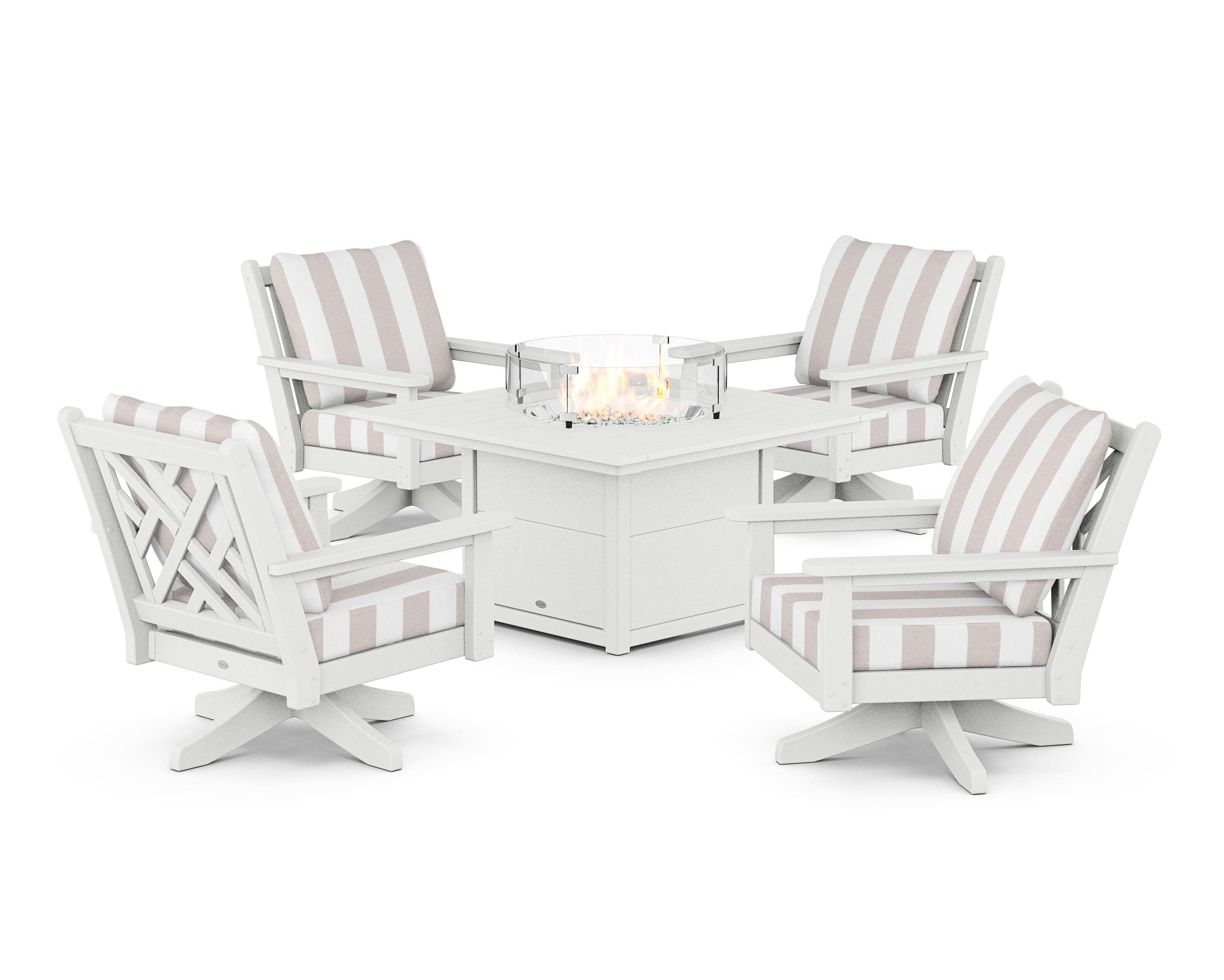 Chippendale 5-Piece Deep Seating Swivel Conversation Set with Fire Pit Table in White / Cabana Stripe Dune Burlap