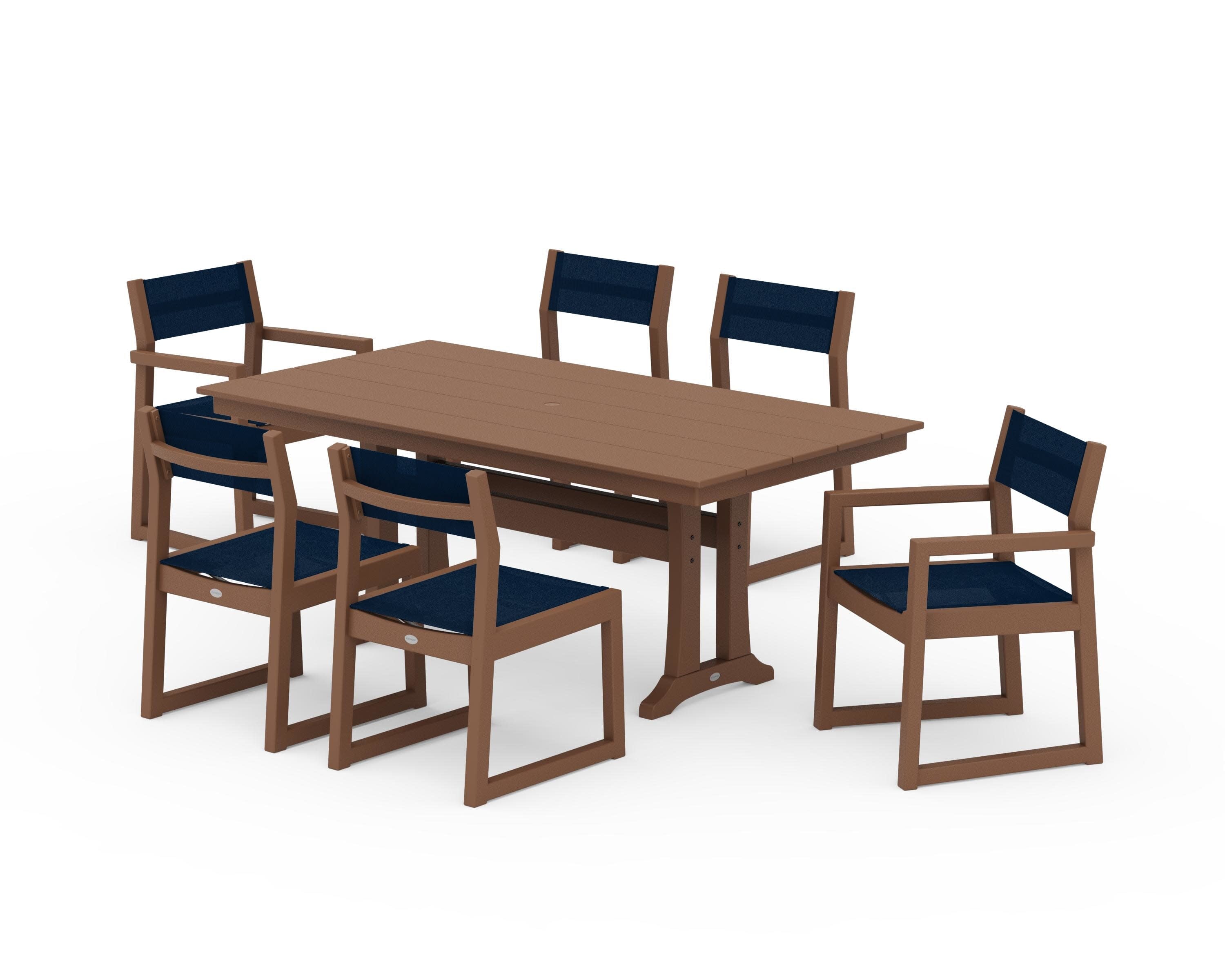 EDGE Sling 7-Piece Farmhouse Trestle Dining Set in Teak / Navy Blue Sling