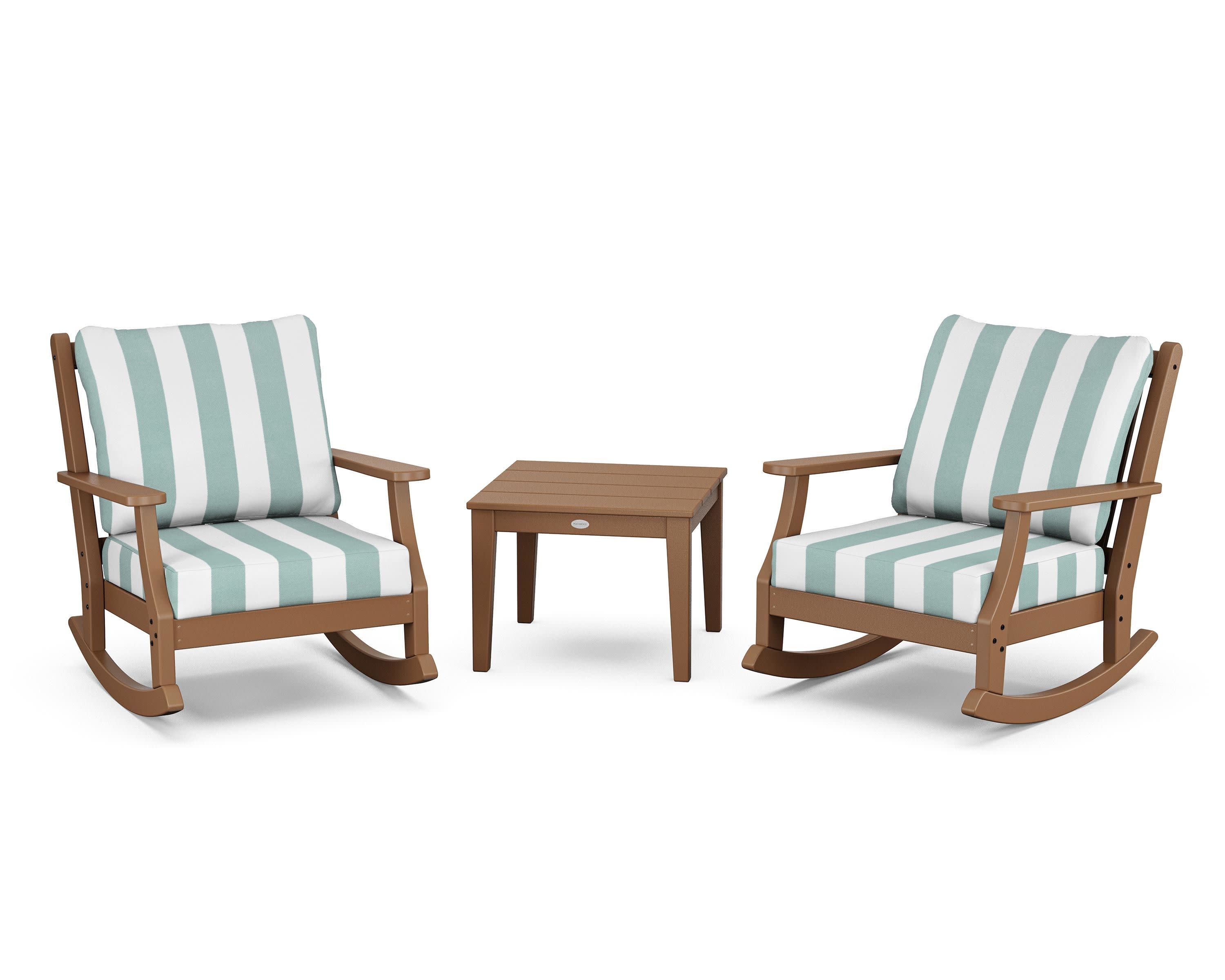Wovendale 3-Piece Deep Seating Rocker Set in Teak / Cabana Stripe Glacier Spa