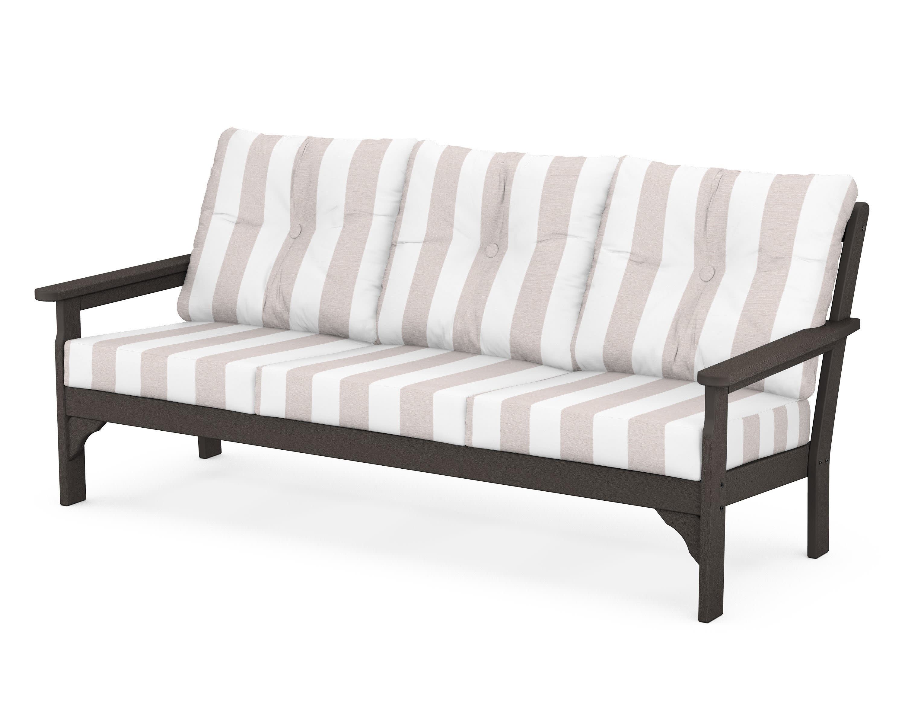 Vineyard Deep Seating Sofa in Vintage Coffee / Cabana Stripe Dune Burlap