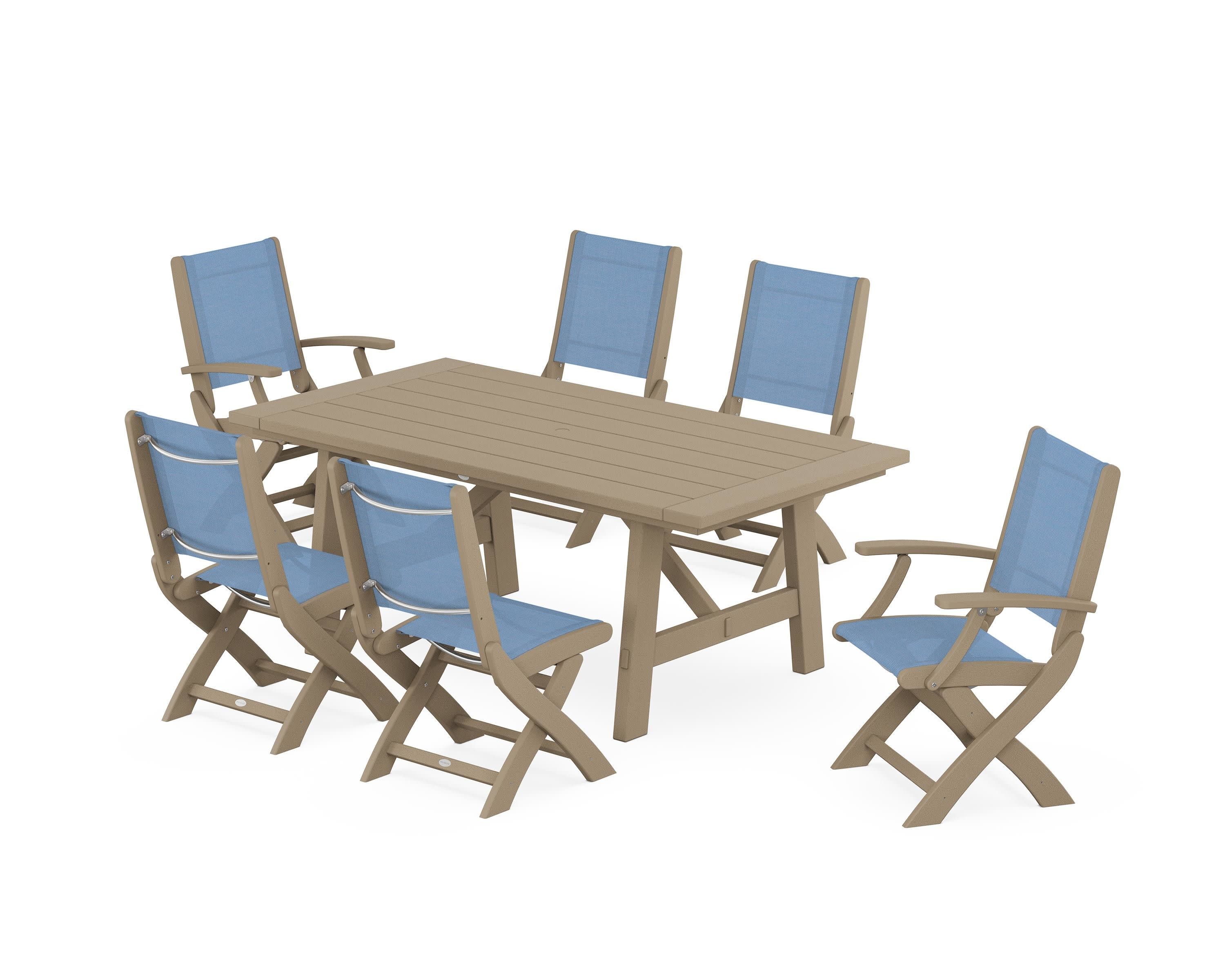 Coastal Folding Chair 7-Piece Rustic Farmhouse Dining Set in Vintage Sahara / Poolside Sling