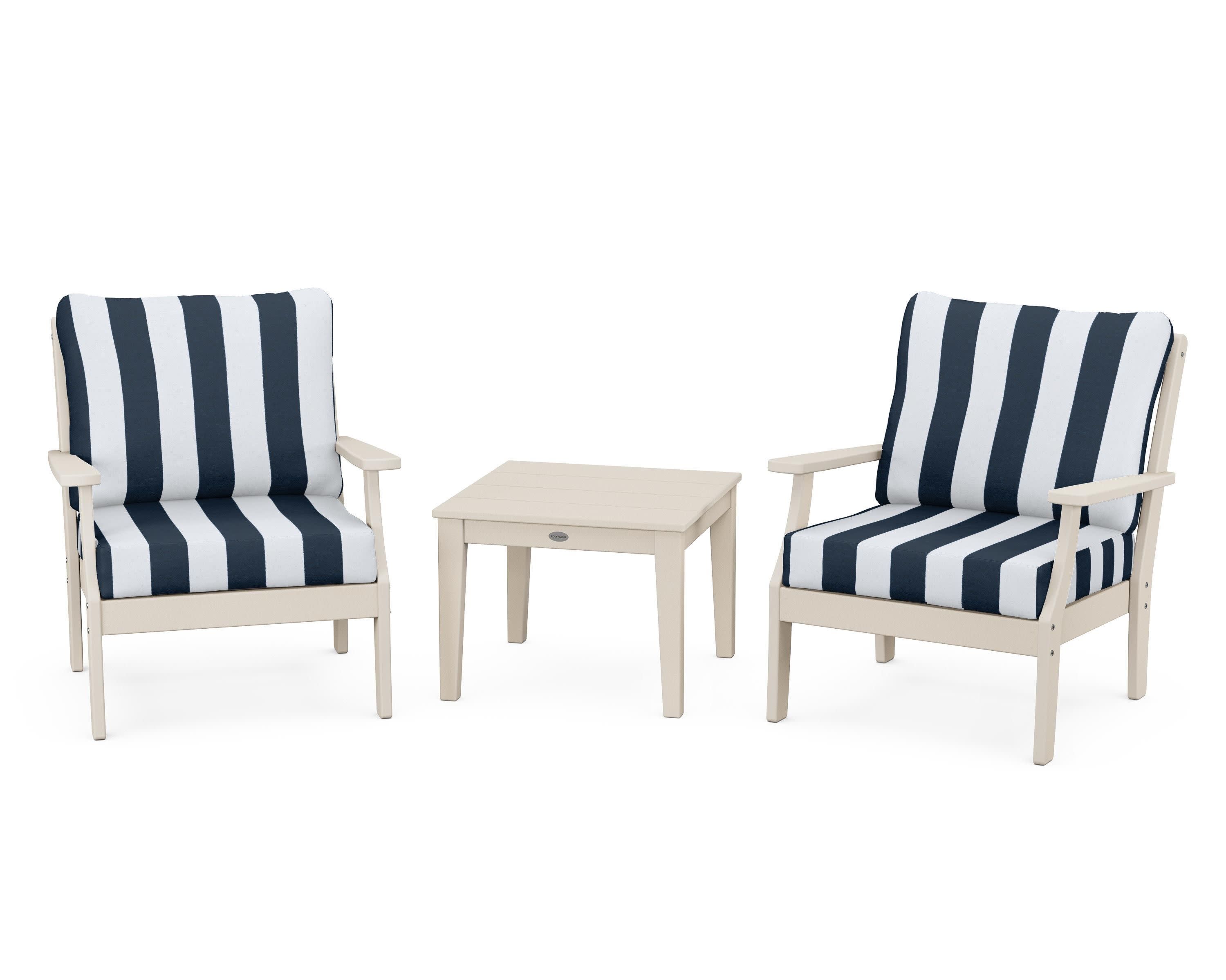 Braxton 3-Piece Deep Seating Set in Sand / Cabana Stripe Marine Indigo