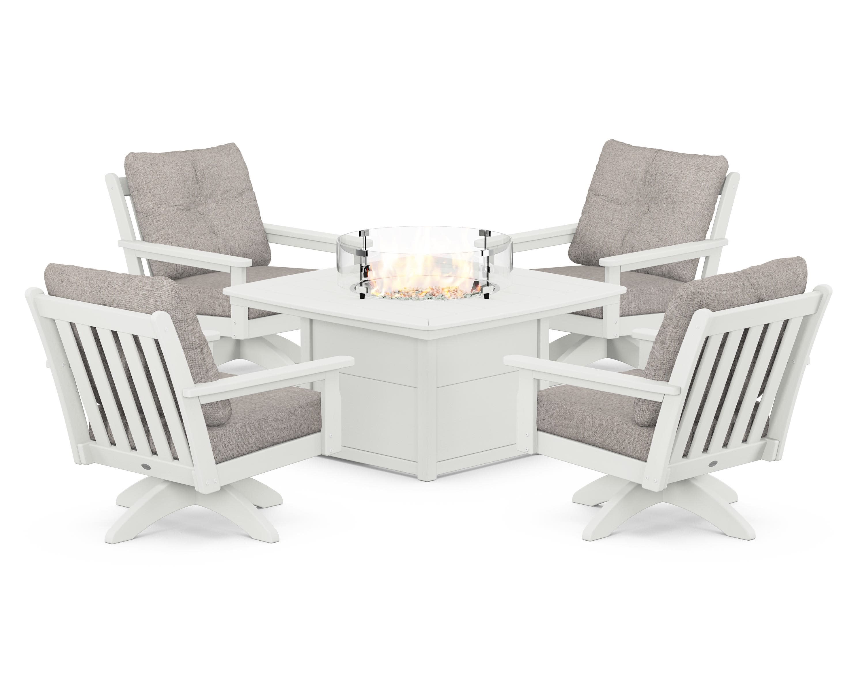 Vineyard 5-Piece Deep Seating Swivel Conversation Set with Fire Pit Table in Vintage White / Weathered Tweed