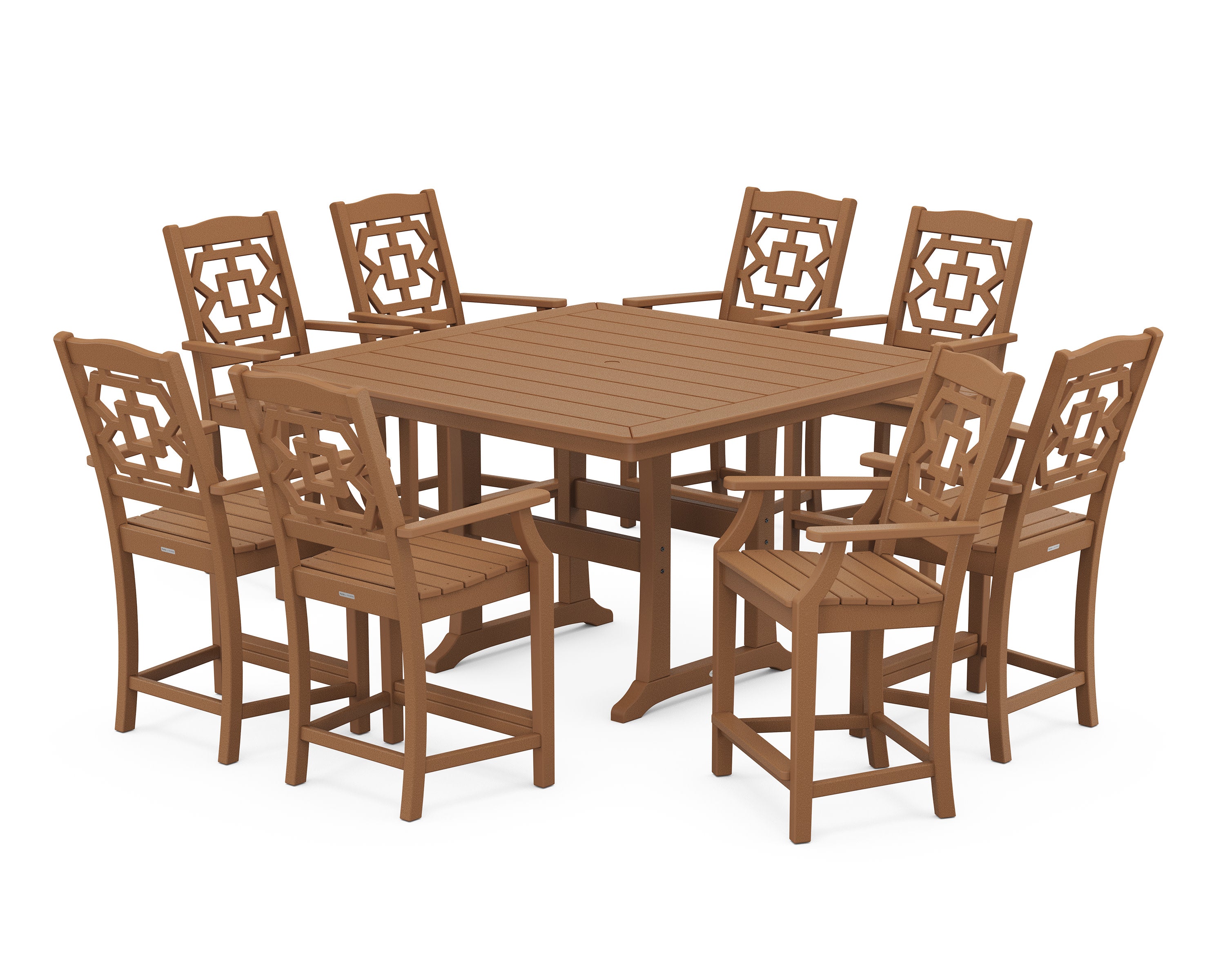 Chinoiserie 9-Piece Square Counter Set with Trestle Legs in Teak