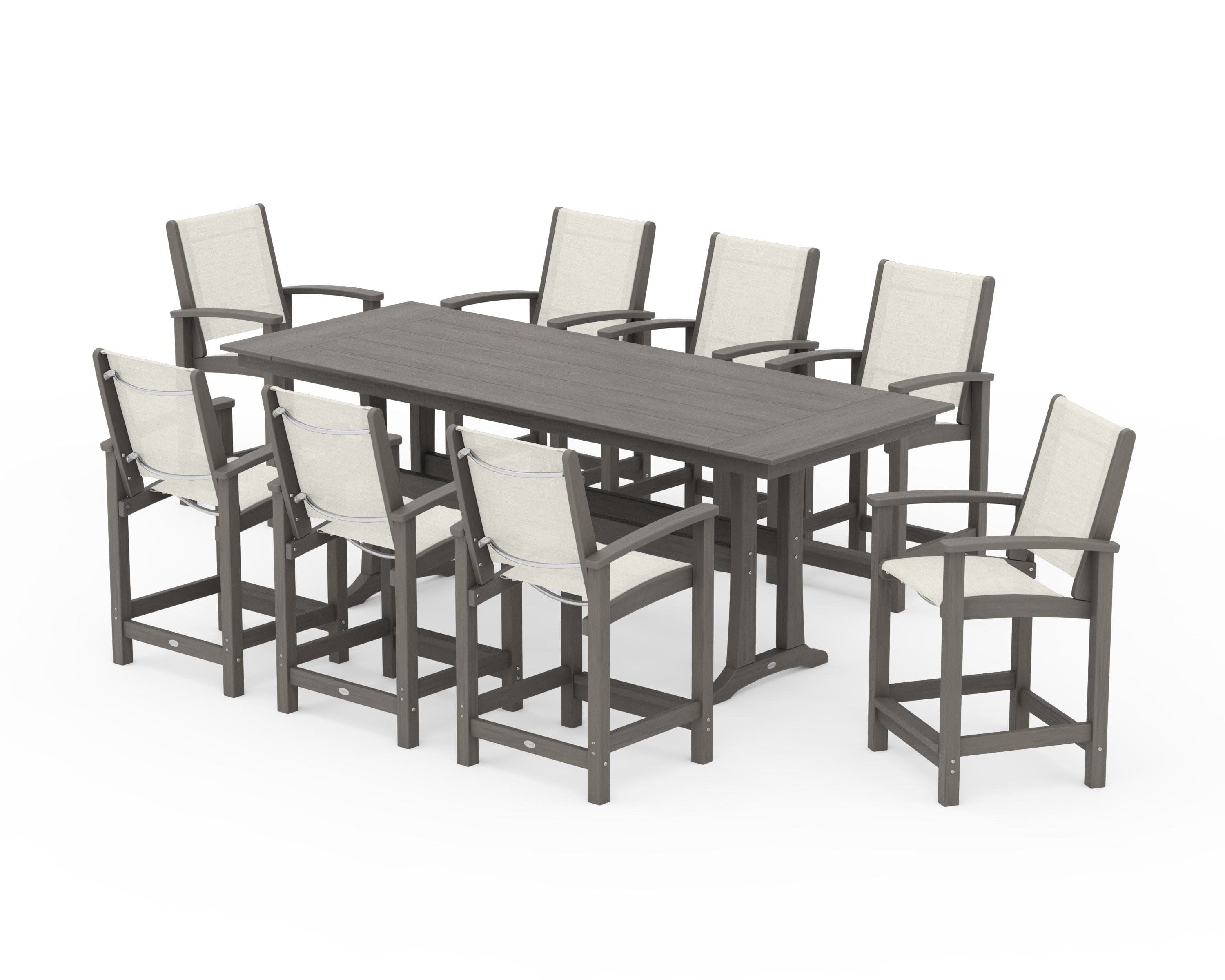 Coastal 9-Piece Farmhouse Counter Set with Trestle Legs in Driftwood / Parchment Sling