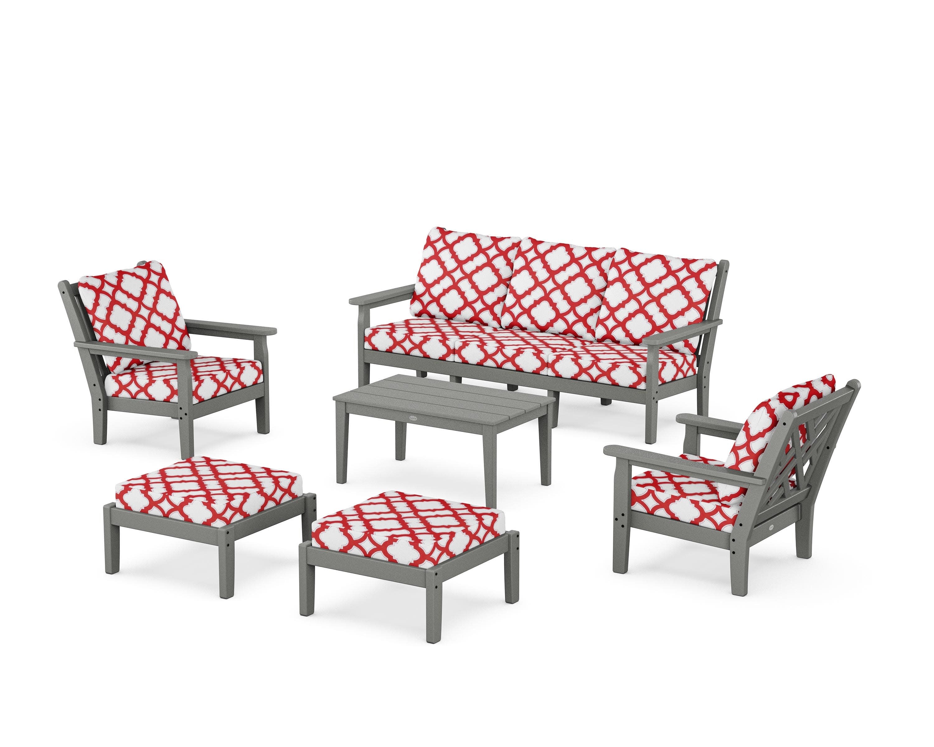 Chippendale 6-Piece Lounge Sofa Set in Slate Grey / Trellis Crimson
