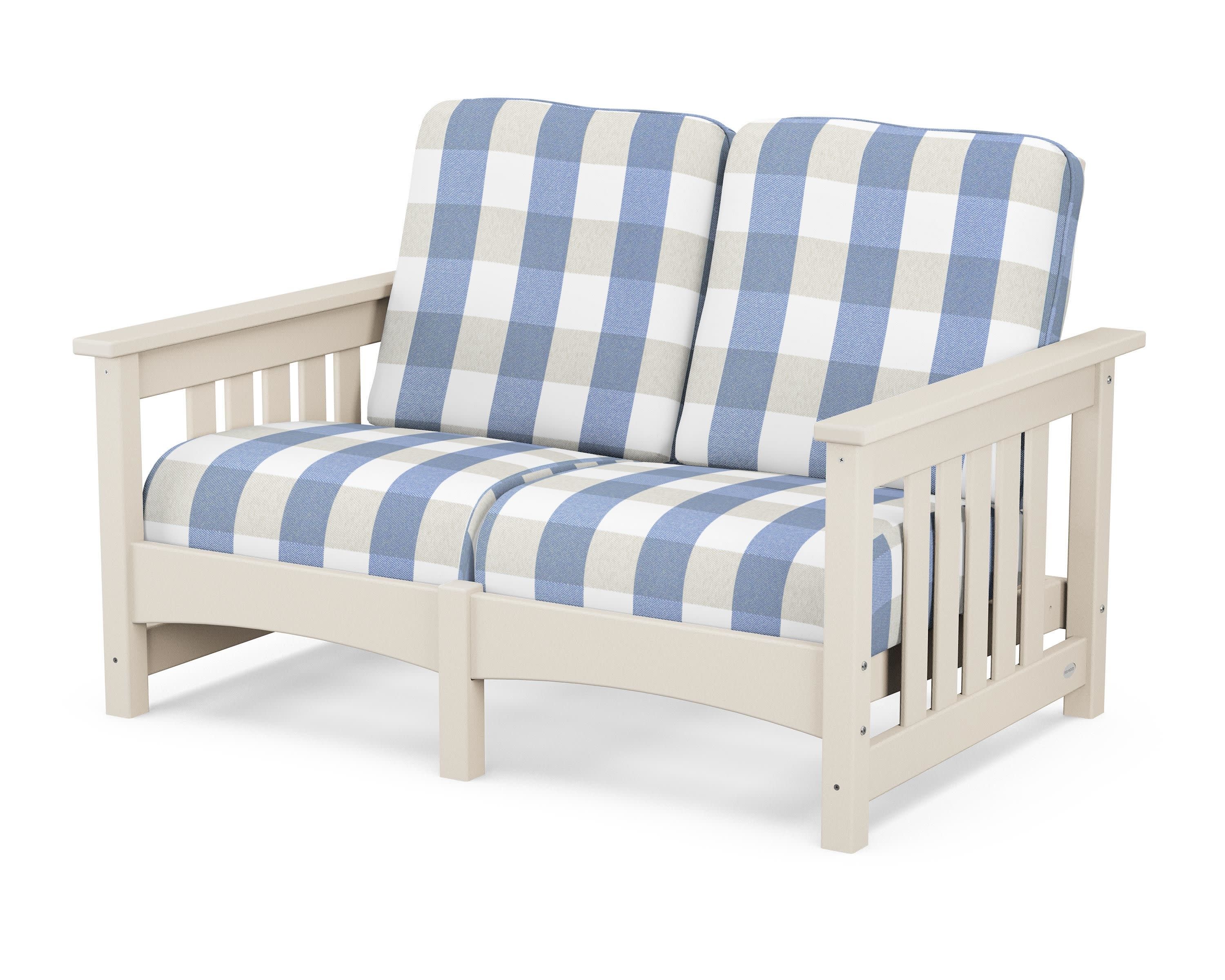 Club Mission Loveseat in Sand / Buffalo Plaid Sky Blue
