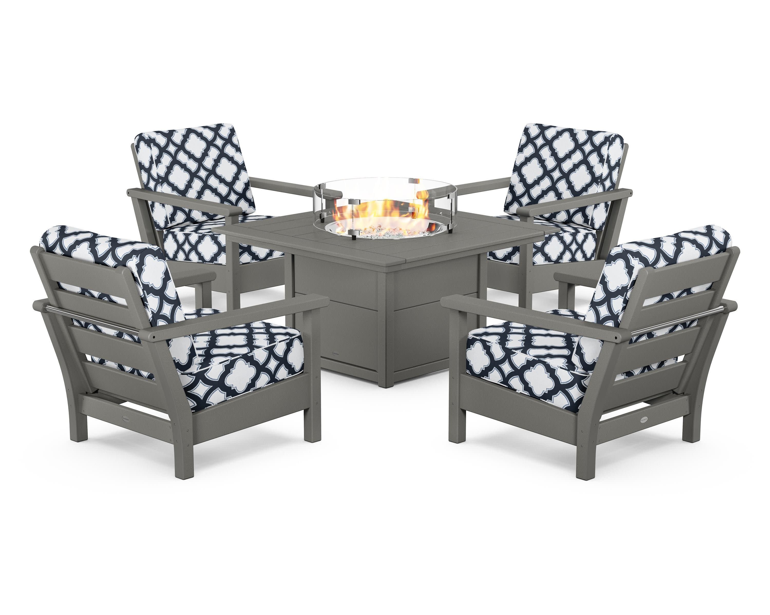 Harbour 5-Piece Conversation Set with Fire Pit Table in Slate Grey / Trellis Marine Indigo