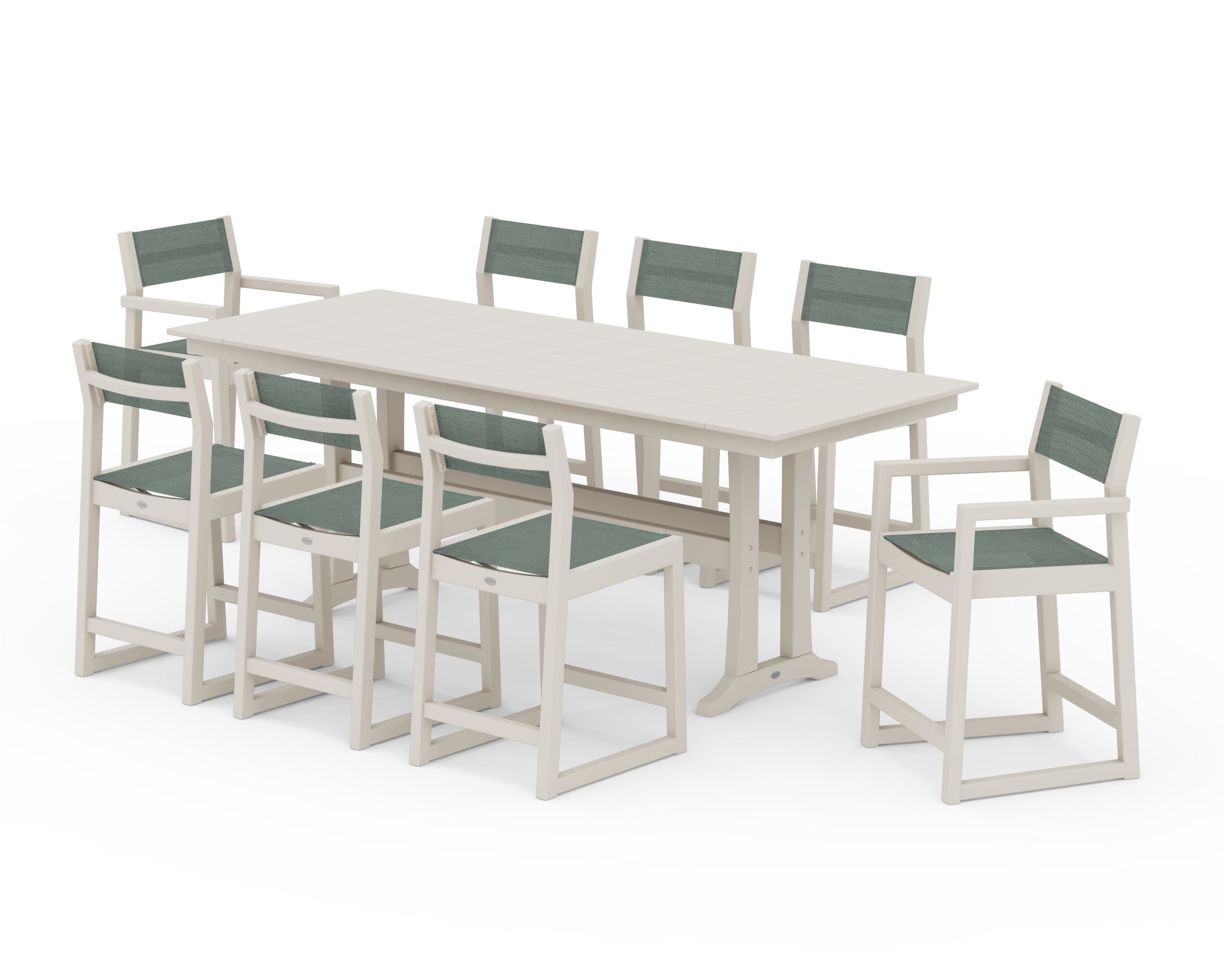 EDGE Sling 9-Piece Farmhouse Counter Set with Trestle Legs in Sand / Dupioni Sea Mist Sling