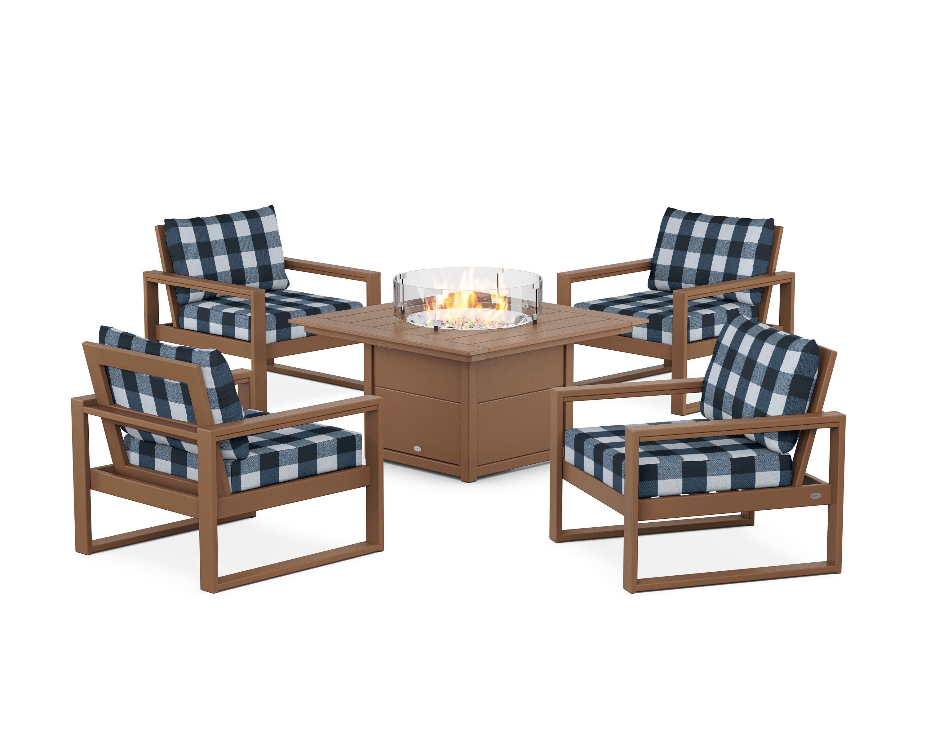 EDGE Sectional 5-Piece Deep Seating Set with Fire Pit Table in Teak / Buffalo Plaid Marine Indigo