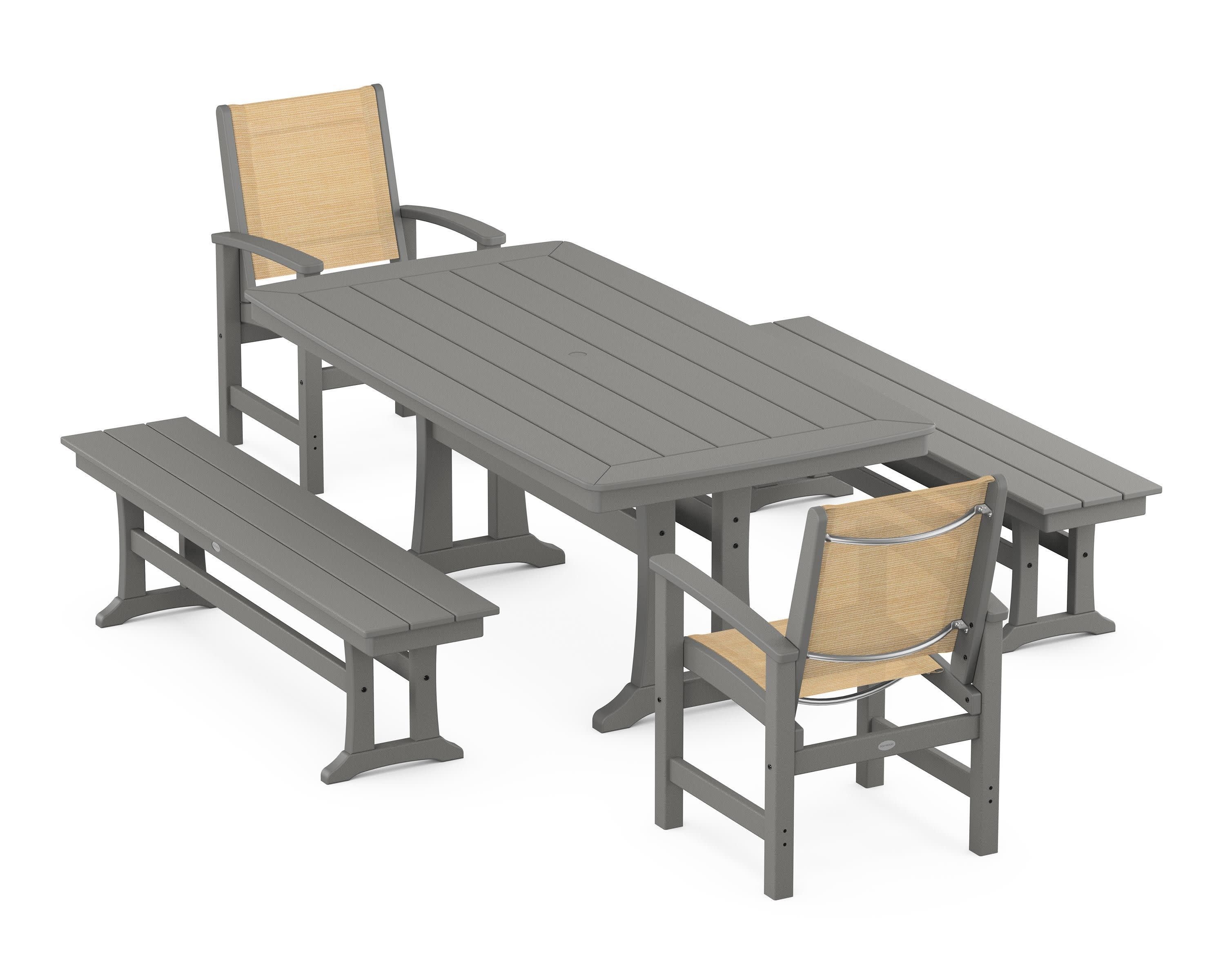 Coastal 5-Piece Dining Set with Trestle Legs and Benches in Slate Grey / Dupioni Apricot Sling