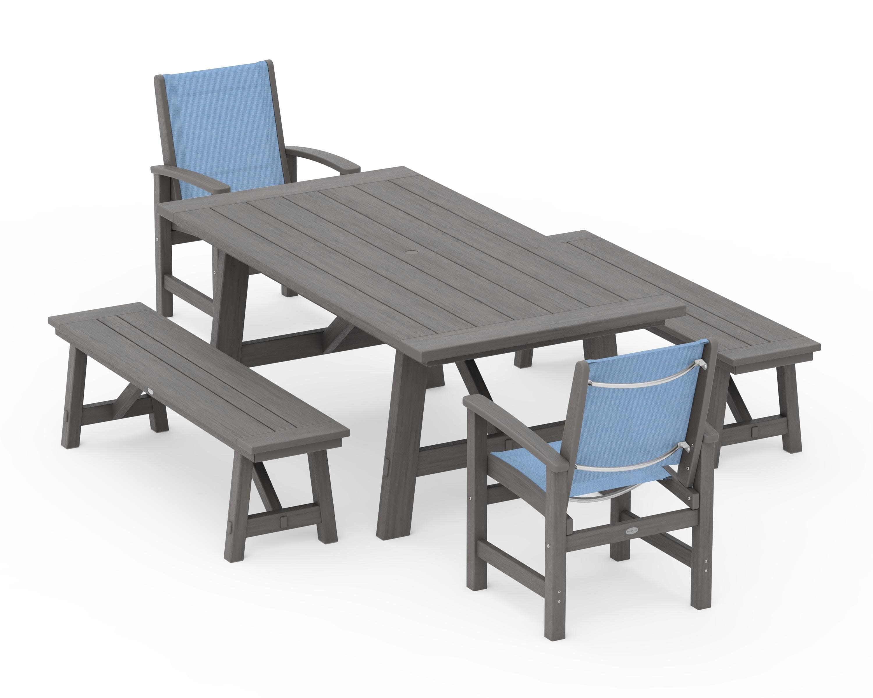 Coastal 5-Piece Rustic Farmhouse Dining Set With Benches in Driftwood / Poolside Sling