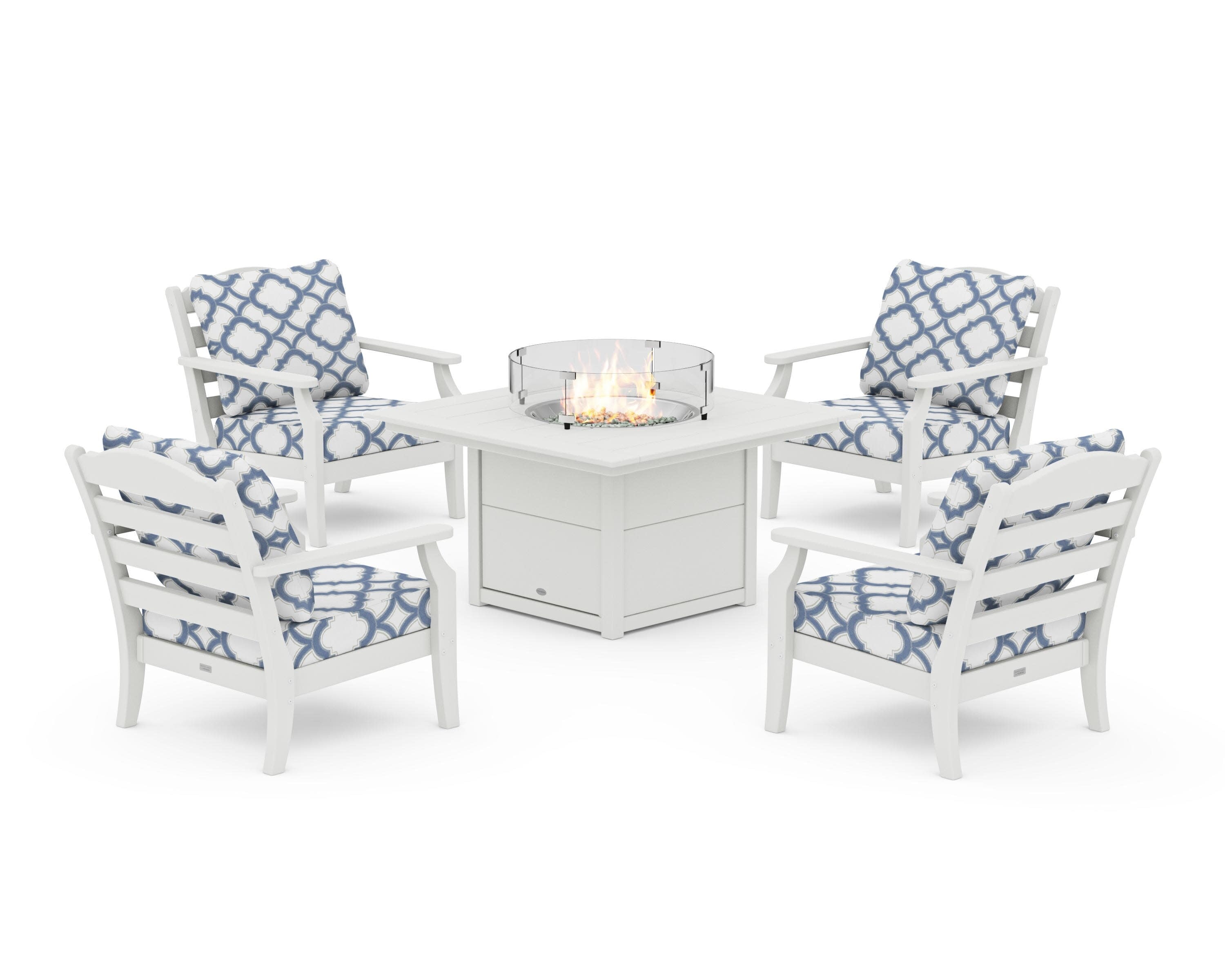 Savannah 5-Piece Deep Seating Set with Fire Pit Table in Vintage White / Trellis Sky Blue