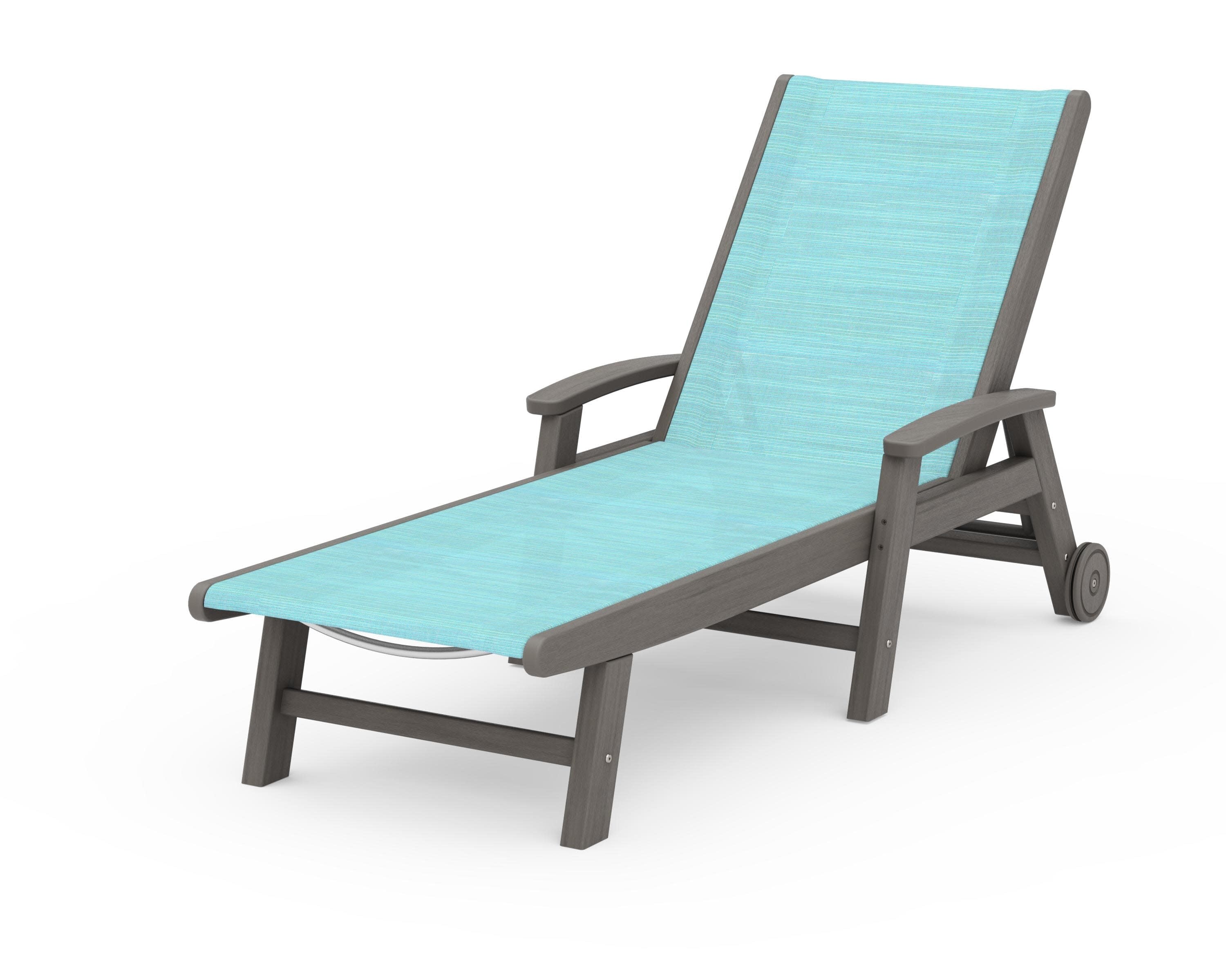 Coastal Chaise with Wheels in Driftwood / Dupioni Aquamarine Sling