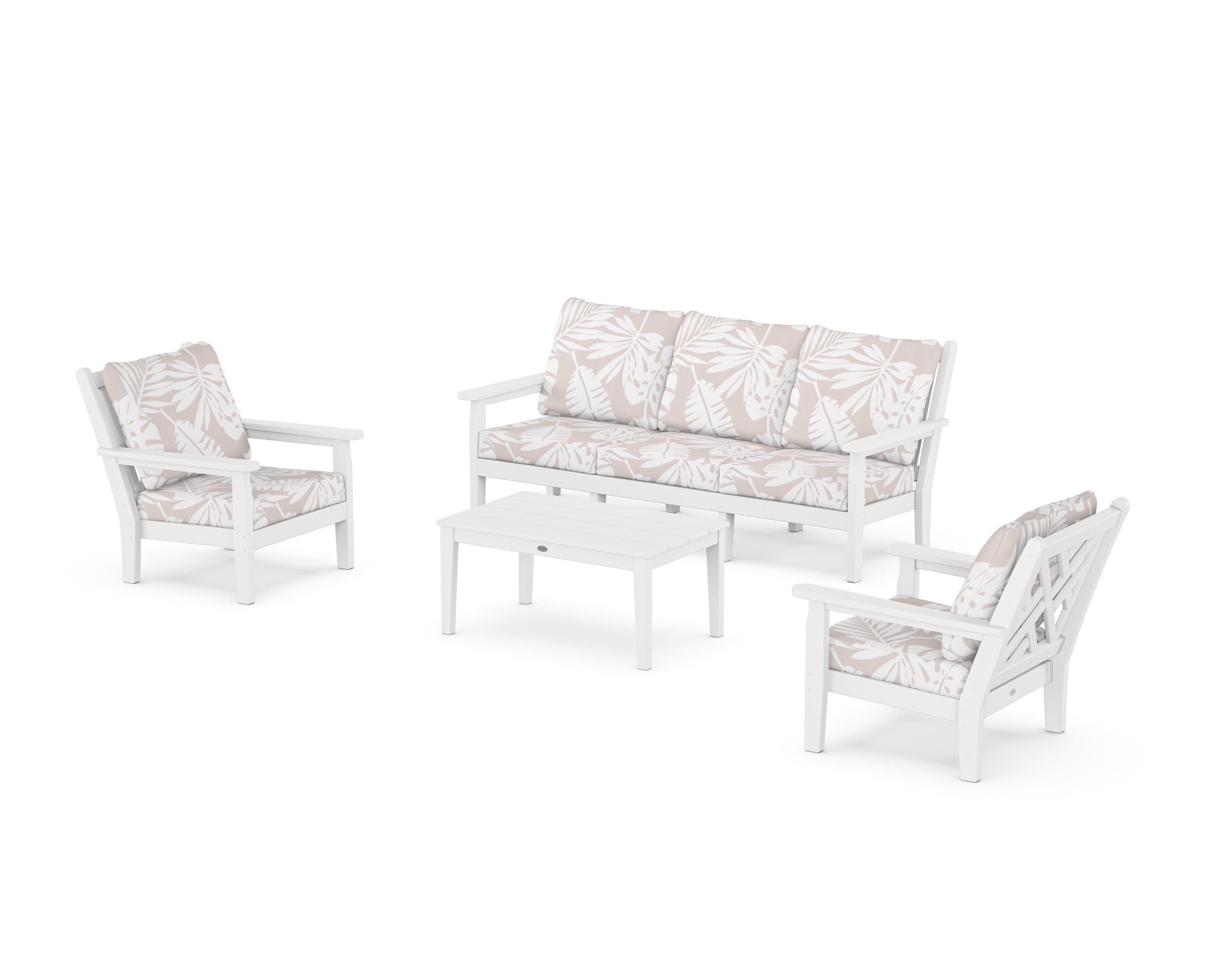Chippendale 4-Piece Deep Seating Set with Sofa in White / Leaf Dune Burlap