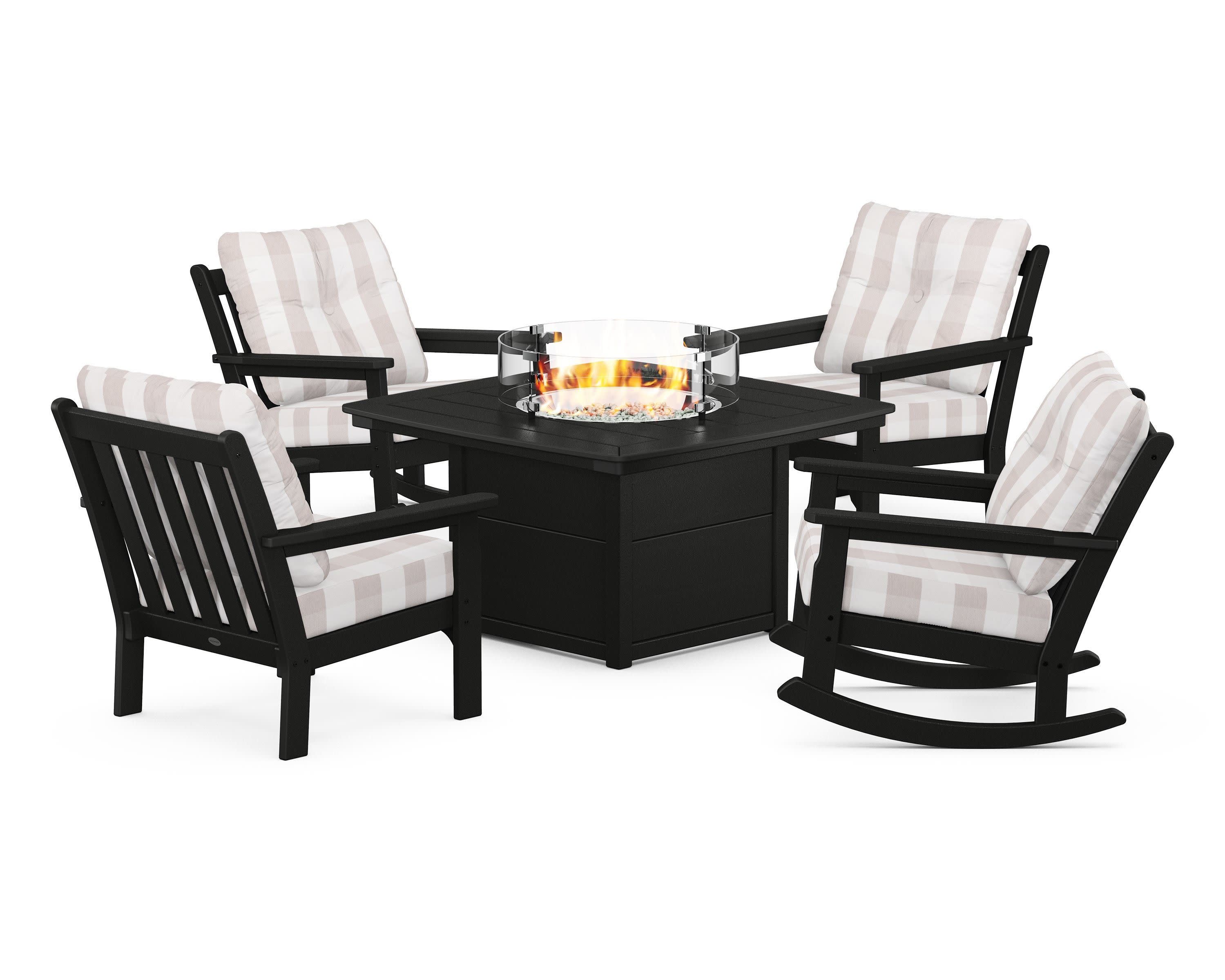 Vineyard 5-Piece Deep Seating Rocking Chair Conversation Set with Fire Pit Table in Black / Buffalo Plaid Dune Burlap