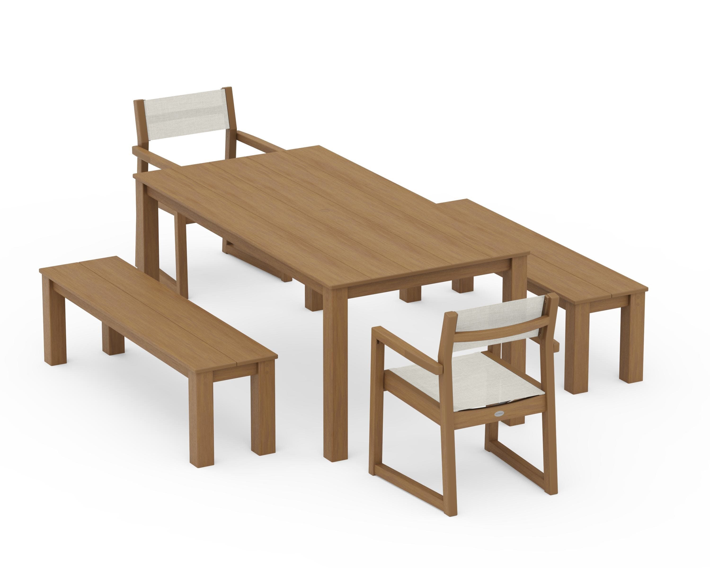 EDGE Sling Arm Chair 5-Piece Parsons Dining Set with Benches in Natural / Parchment Sling