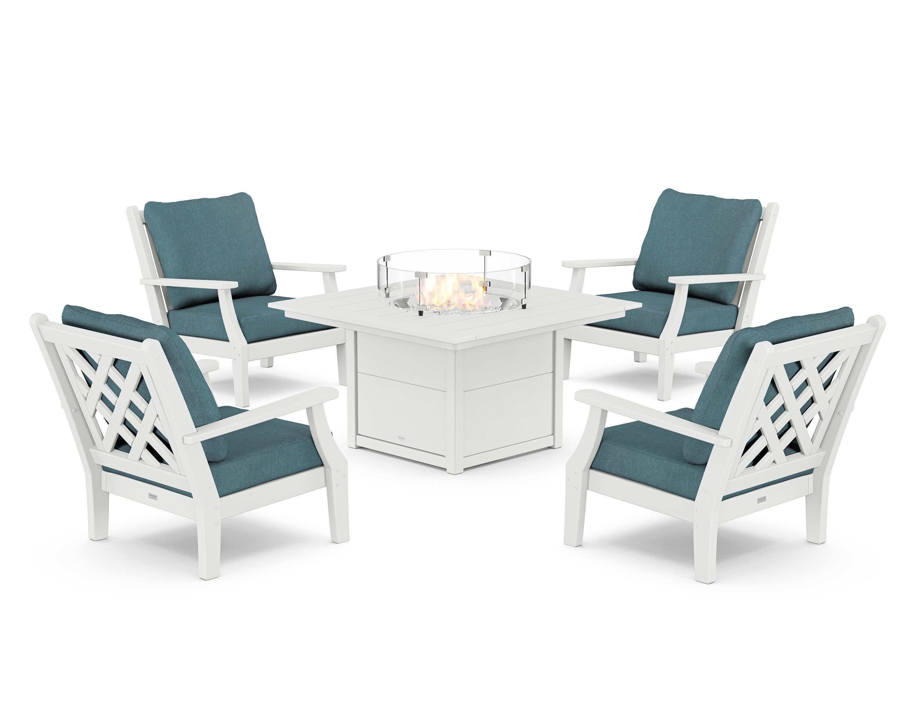 Wovendale 5-Piece Deep Seating Set with Fire Pit Table in White / Ocean Teal