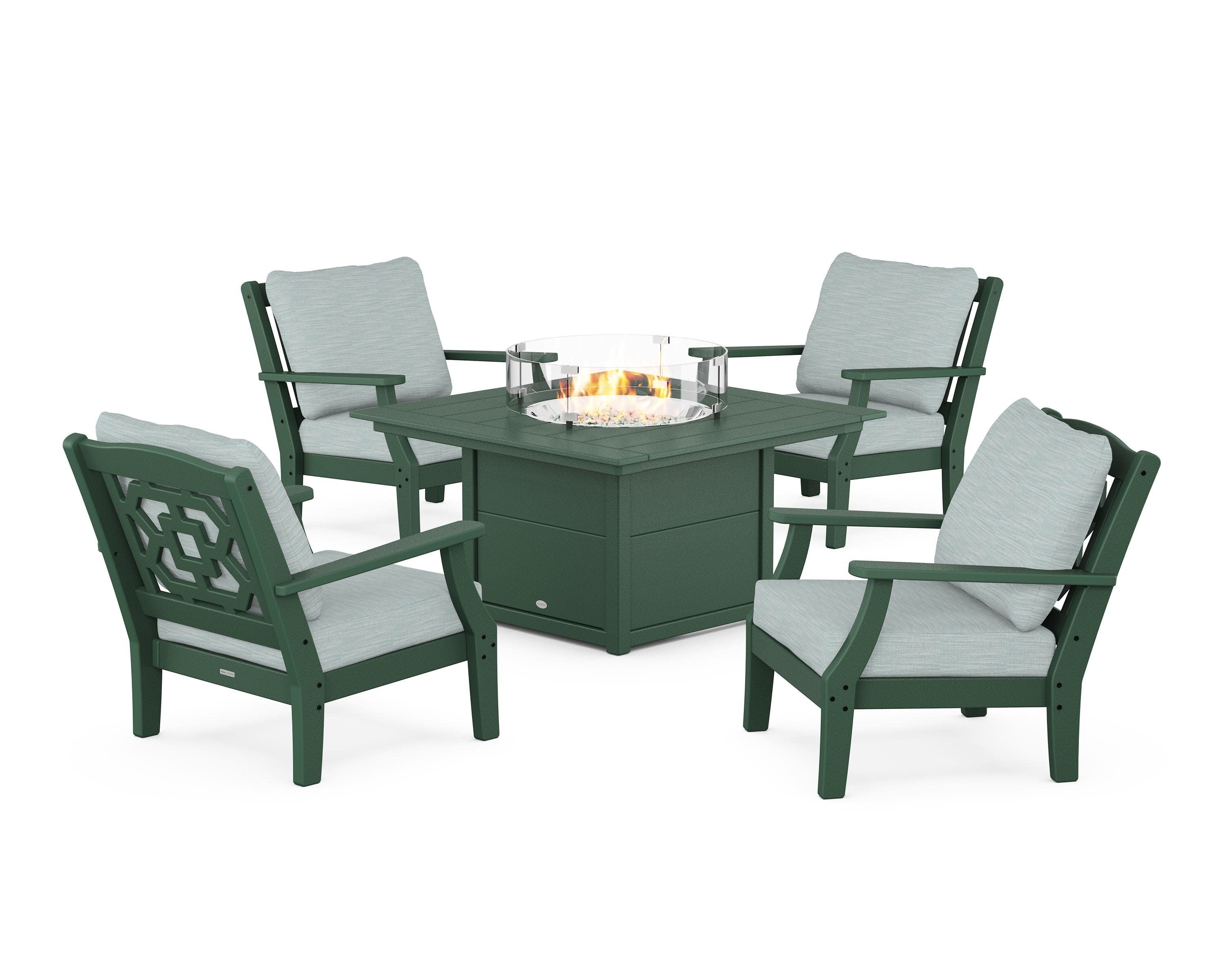 Chinoiserie 5-Piece Deep Seating Set with Fire Pit Table in Green / Soothe Mist