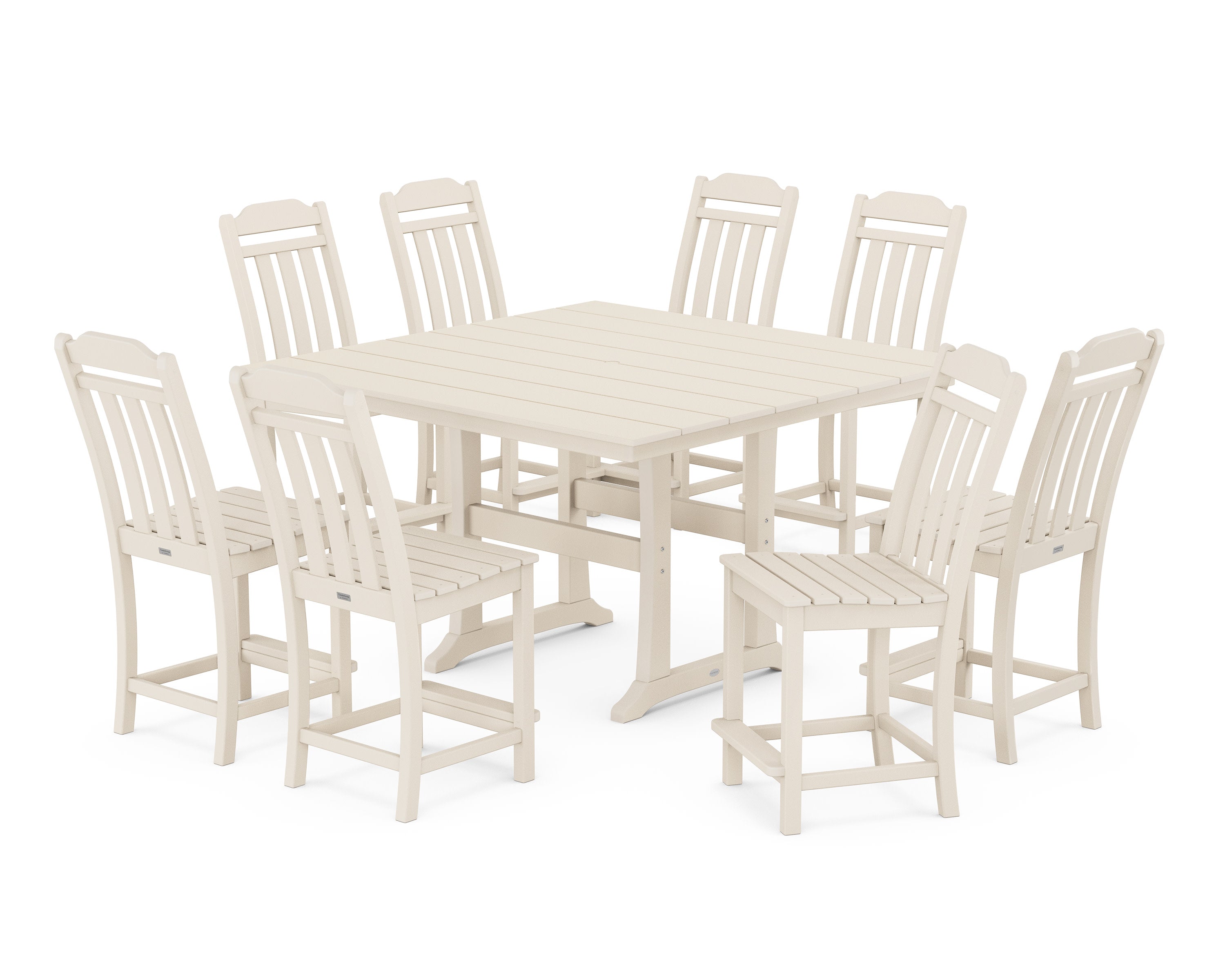 Cottage 9-Piece Square Farmhouse Side Chair Counter Set with Trestle Legs in Sand