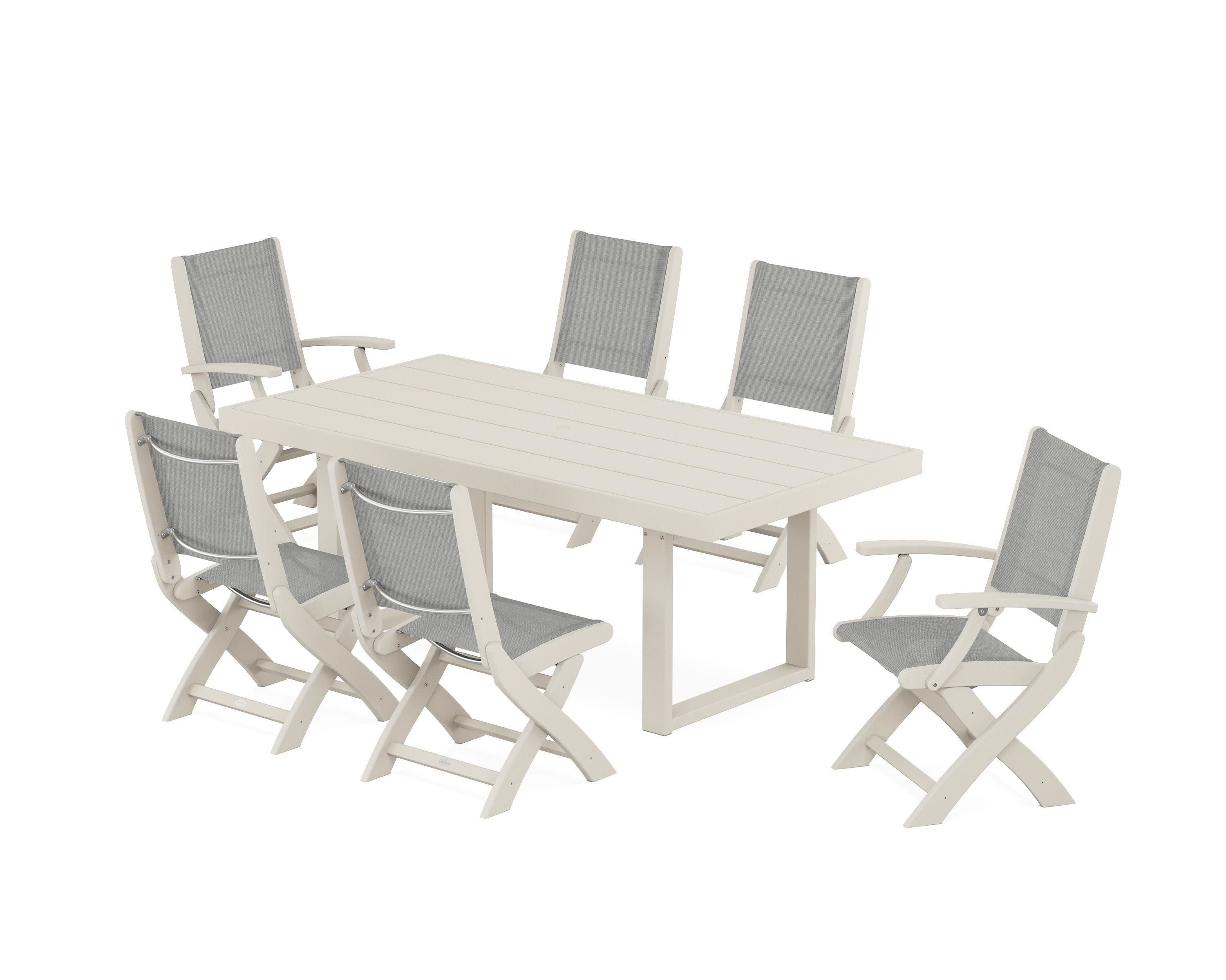 Coastal Folding Chair 7-Piece Dining Set with Trestle Legs in Sand / Metallic Sling