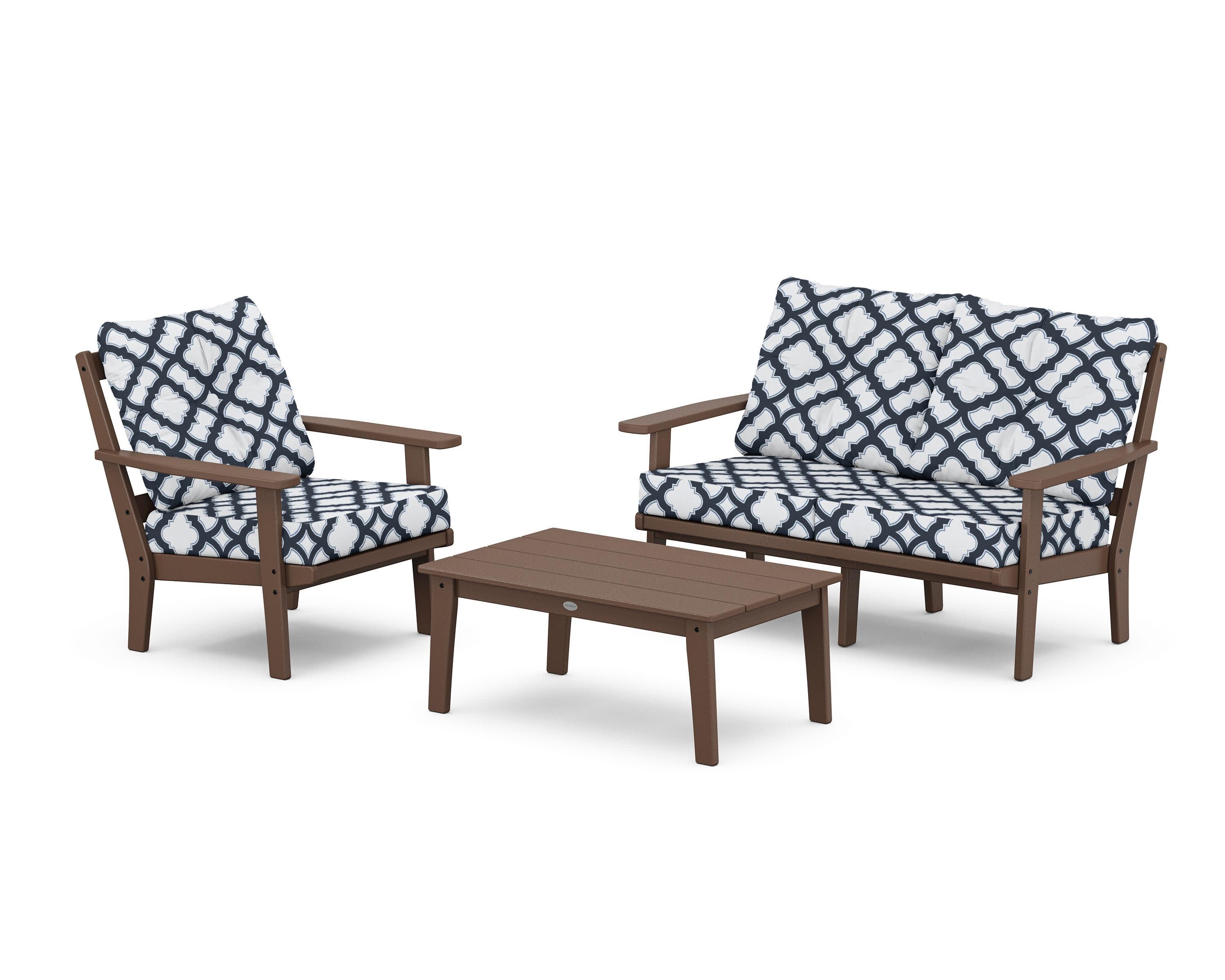 Oxford 3-Piece Deep Seating Set with Loveseat in Mahogany / Trellis Marine Indigo