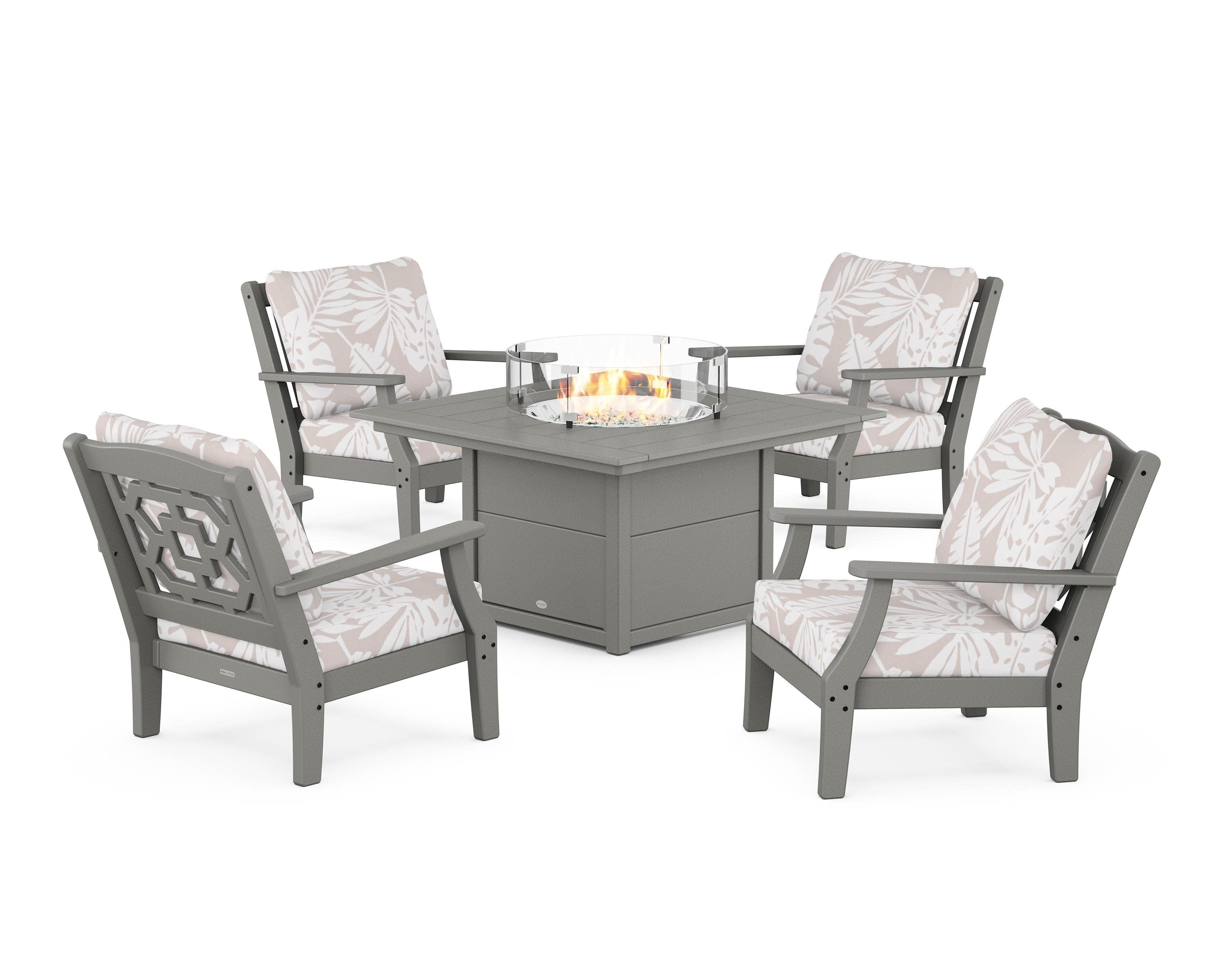 Chinoiserie 5-Piece Deep Seating Set with Fire Pit Table in Slate Grey / Leaf Dune Burlap