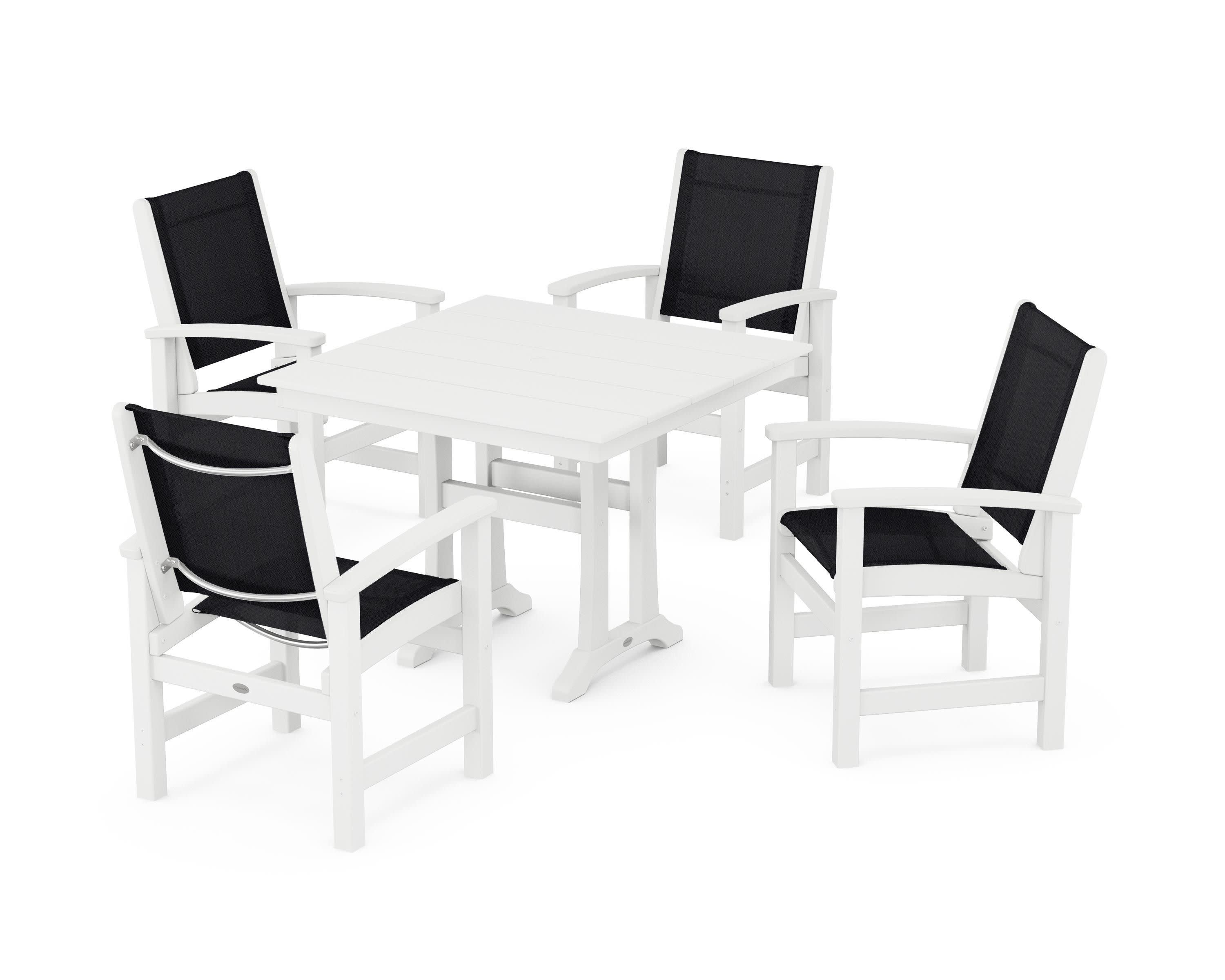 Coastal 5-Piece Farmhouse Dining Set With Trestle Legs in White / Black Sling
