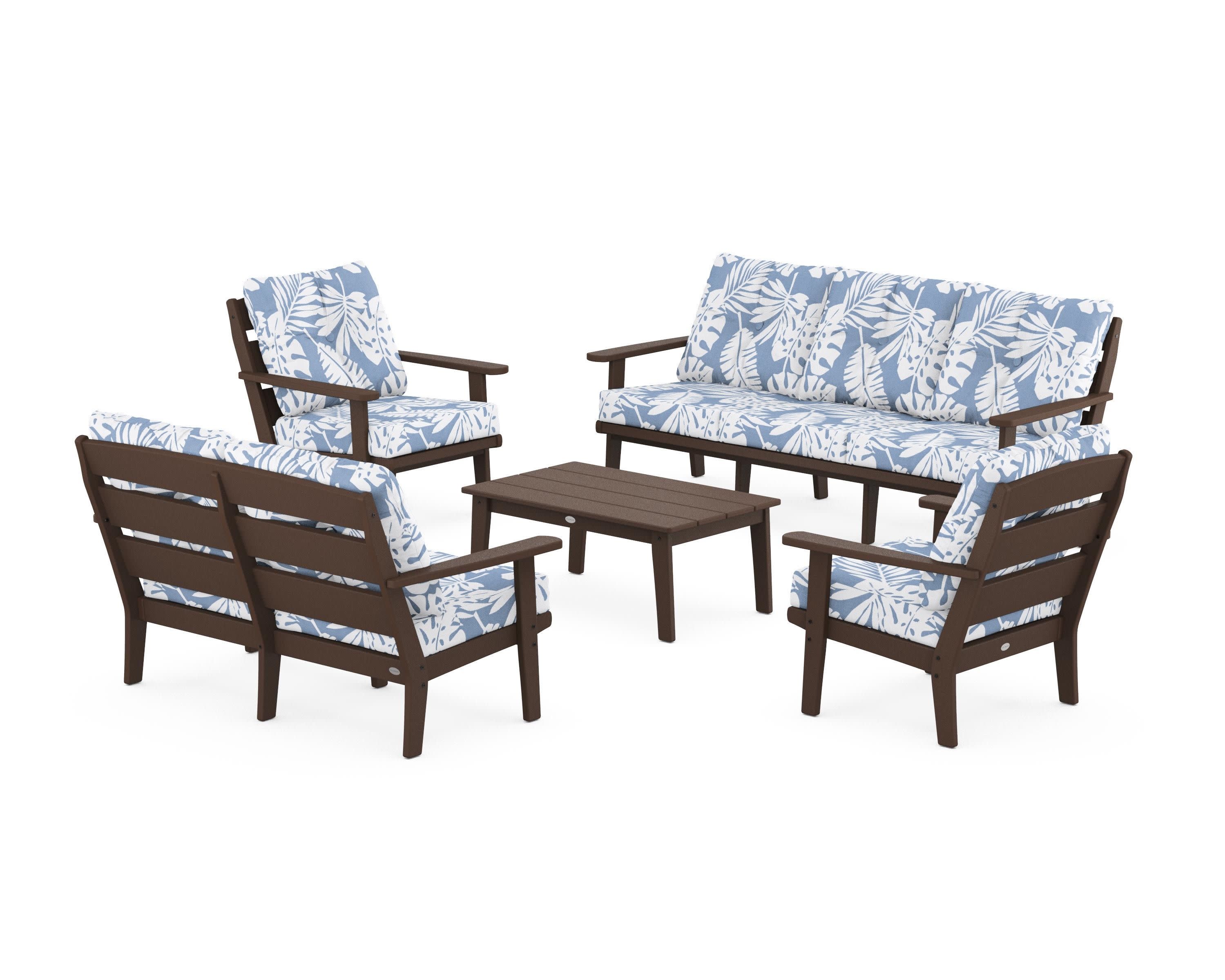 Lakeside 5-Piece Lounge Sofa Set in Mahogany / Leaf Sky Blue