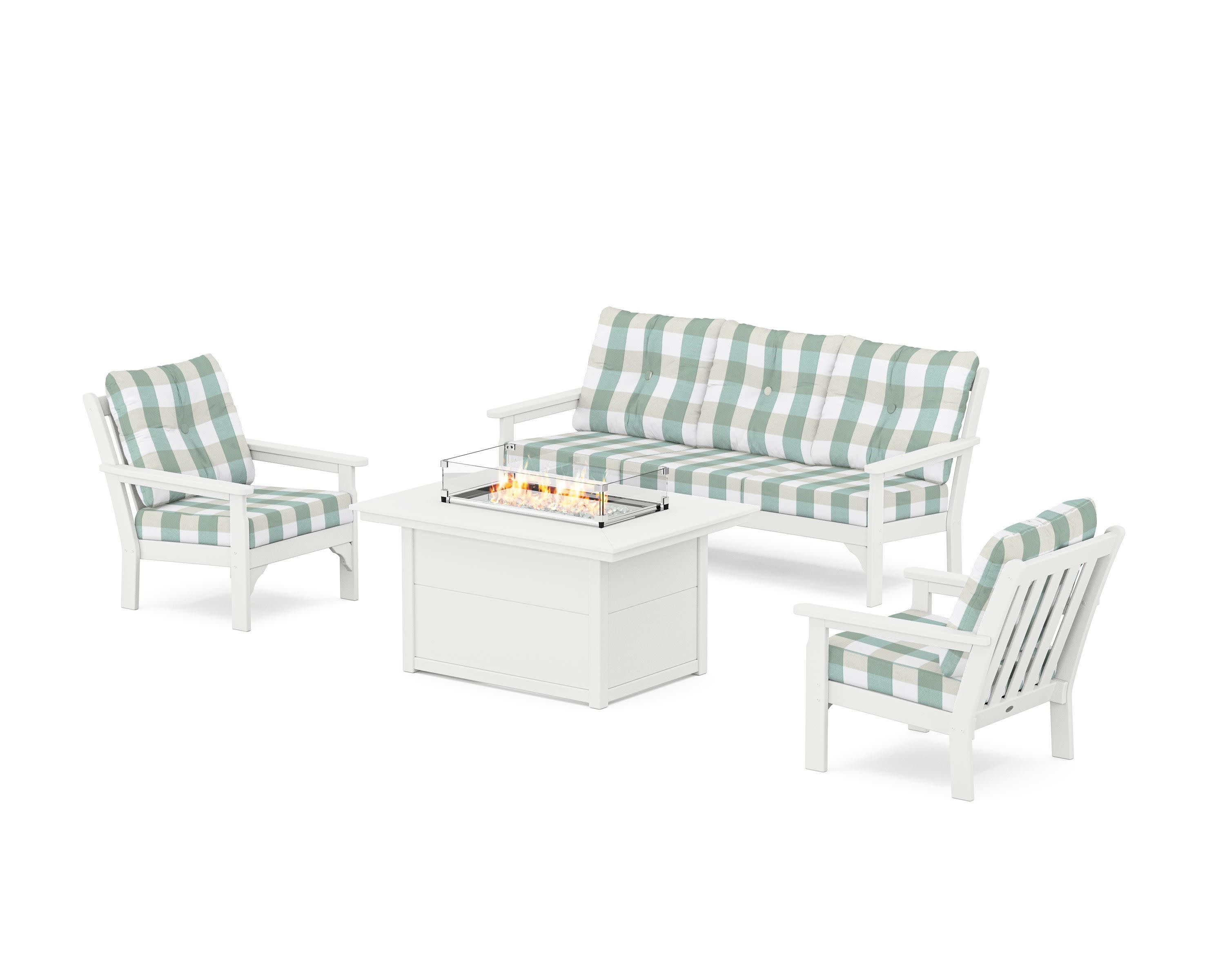 Vineyard Deep Seating Fire Pit Table Set in White / Buffalo Plaid Glacier Spa