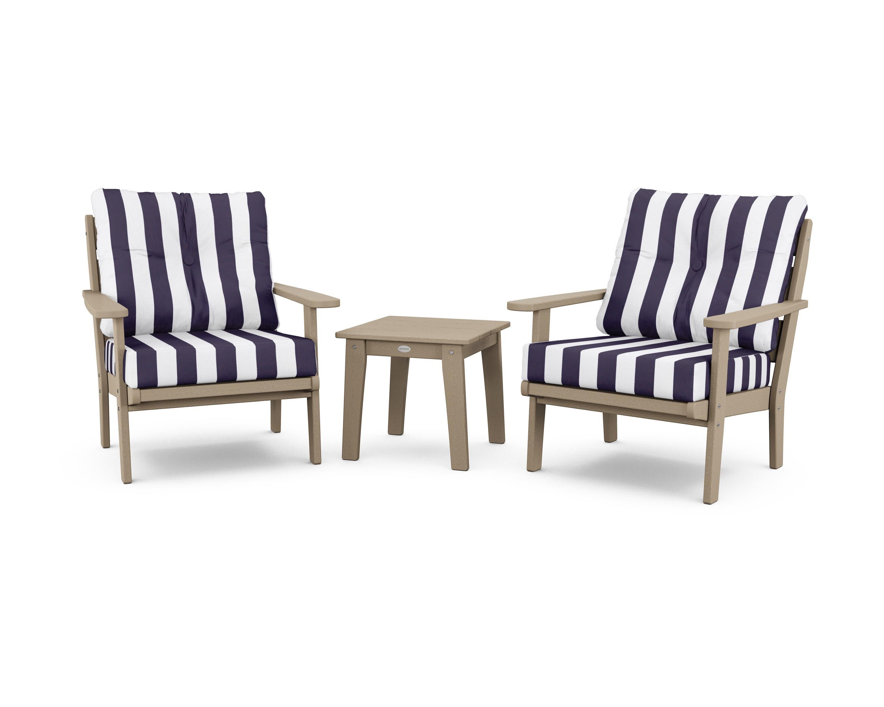Lakeside 3-Piece Deep Seating Chair Set in Vintage Sahara / Cabana Stripe Navy