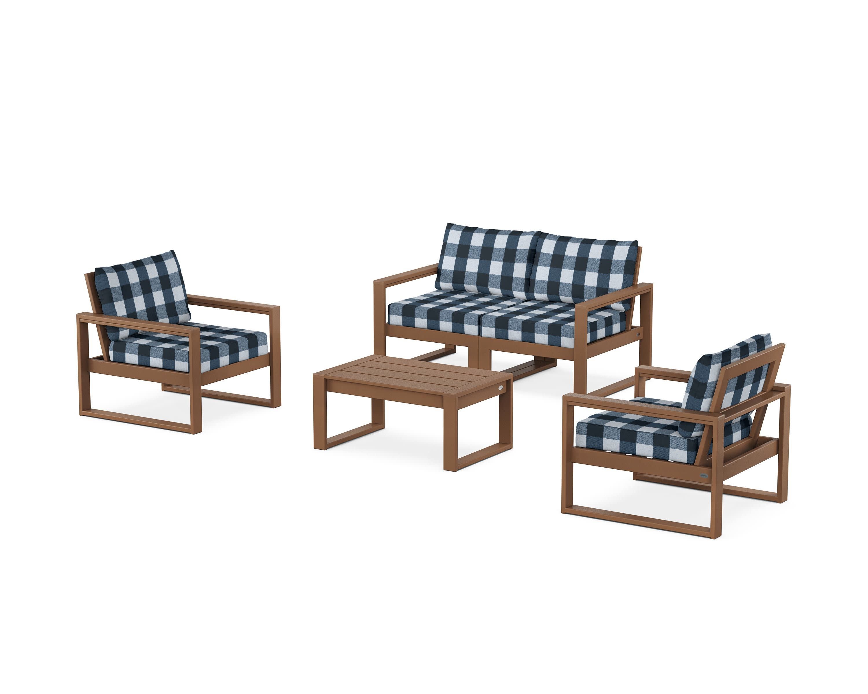 EDGE Sectional 4-Piece Deep Seating Set with Loveseat in Teak / Buffalo Plaid Marine Indigo
