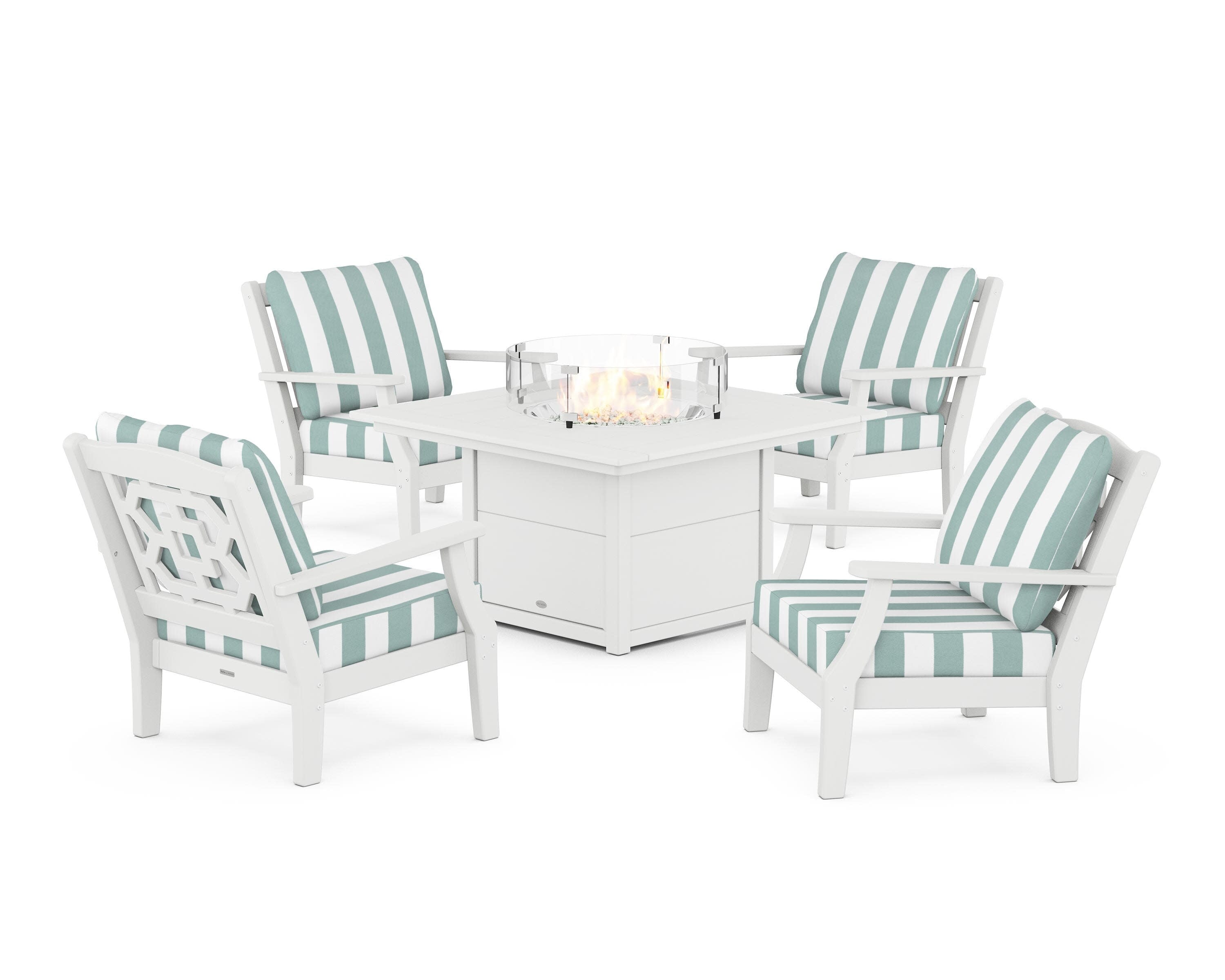 Chinoiserie 5-Piece Deep Seating Set with Fire Pit Table in White / Cabana Stripe Glacier Spa
