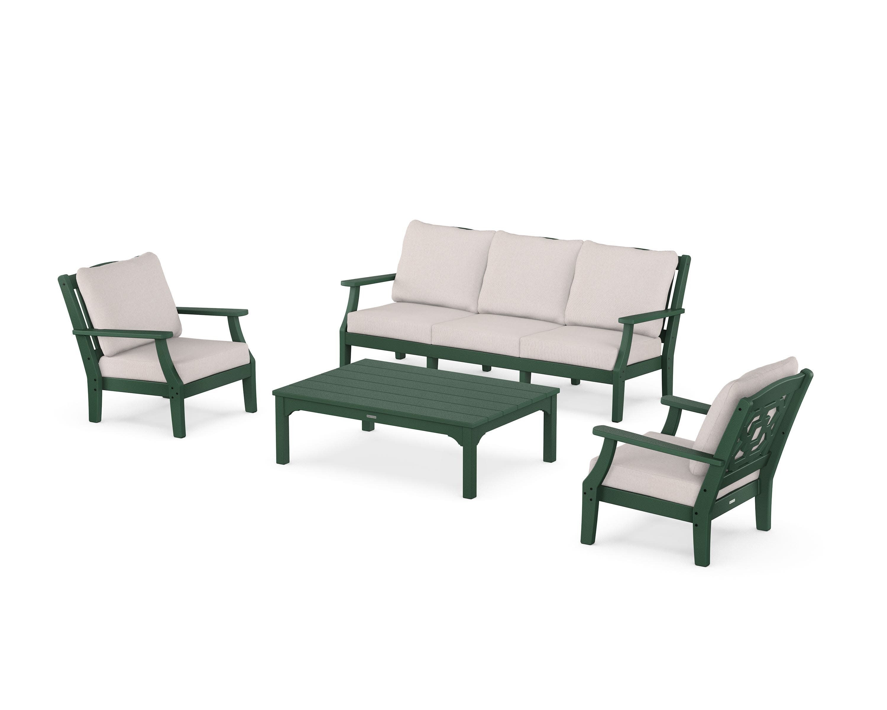 Chinoiserie 4-Piece Deep Seating Set with Sofa in Green / Dune Burlap