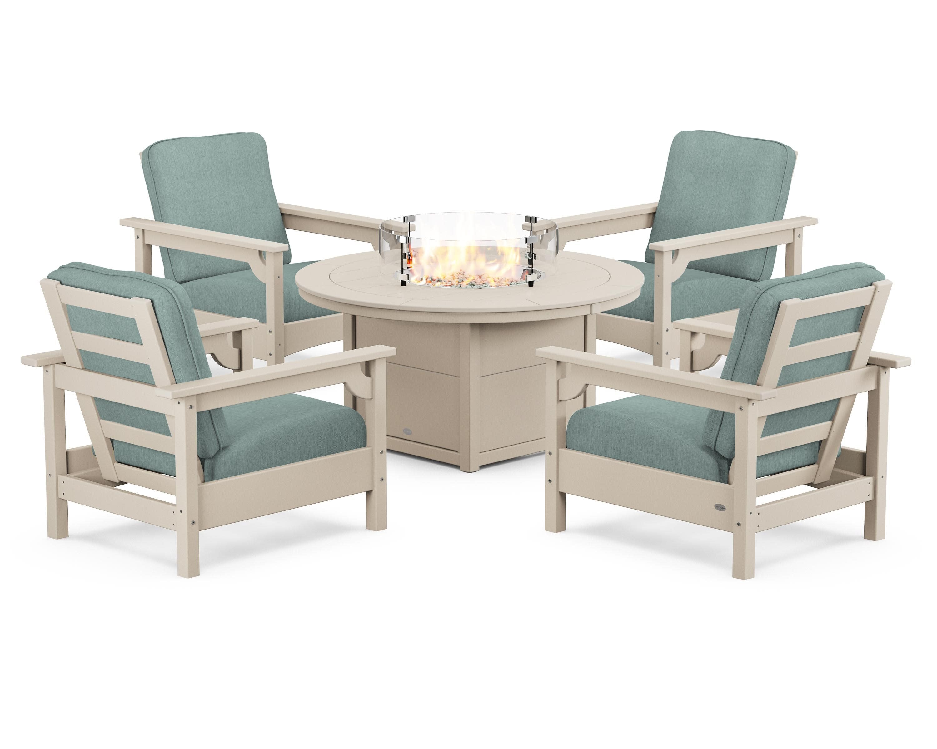 Club 5-Piece Conversation Set with Fire Pit Table in Sand / Glacier Spa