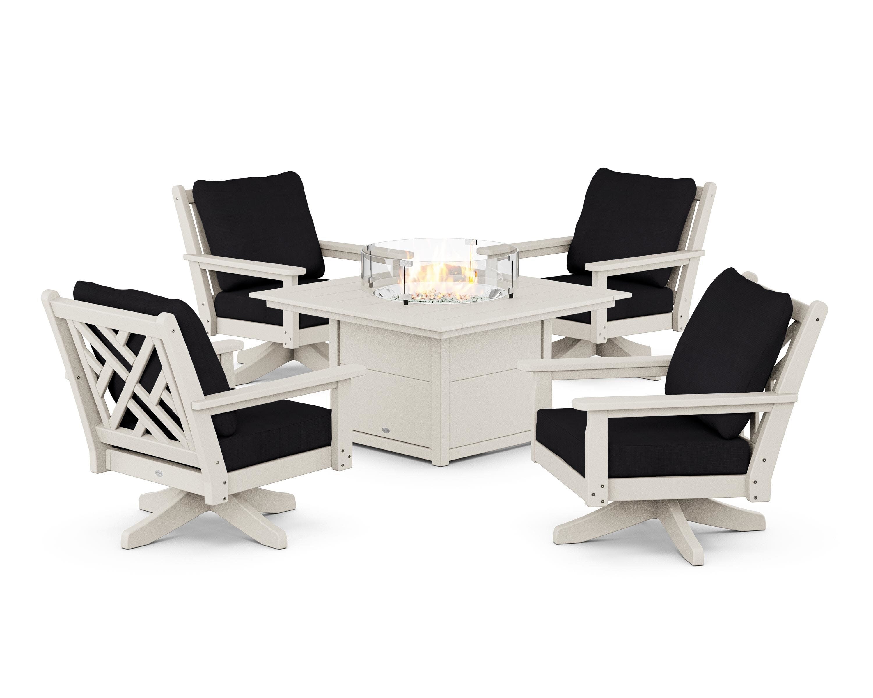 Chippendale 5-Piece Deep Seating Swivel Conversation Set with Fire Pit Table in Sand / Midnight Linen