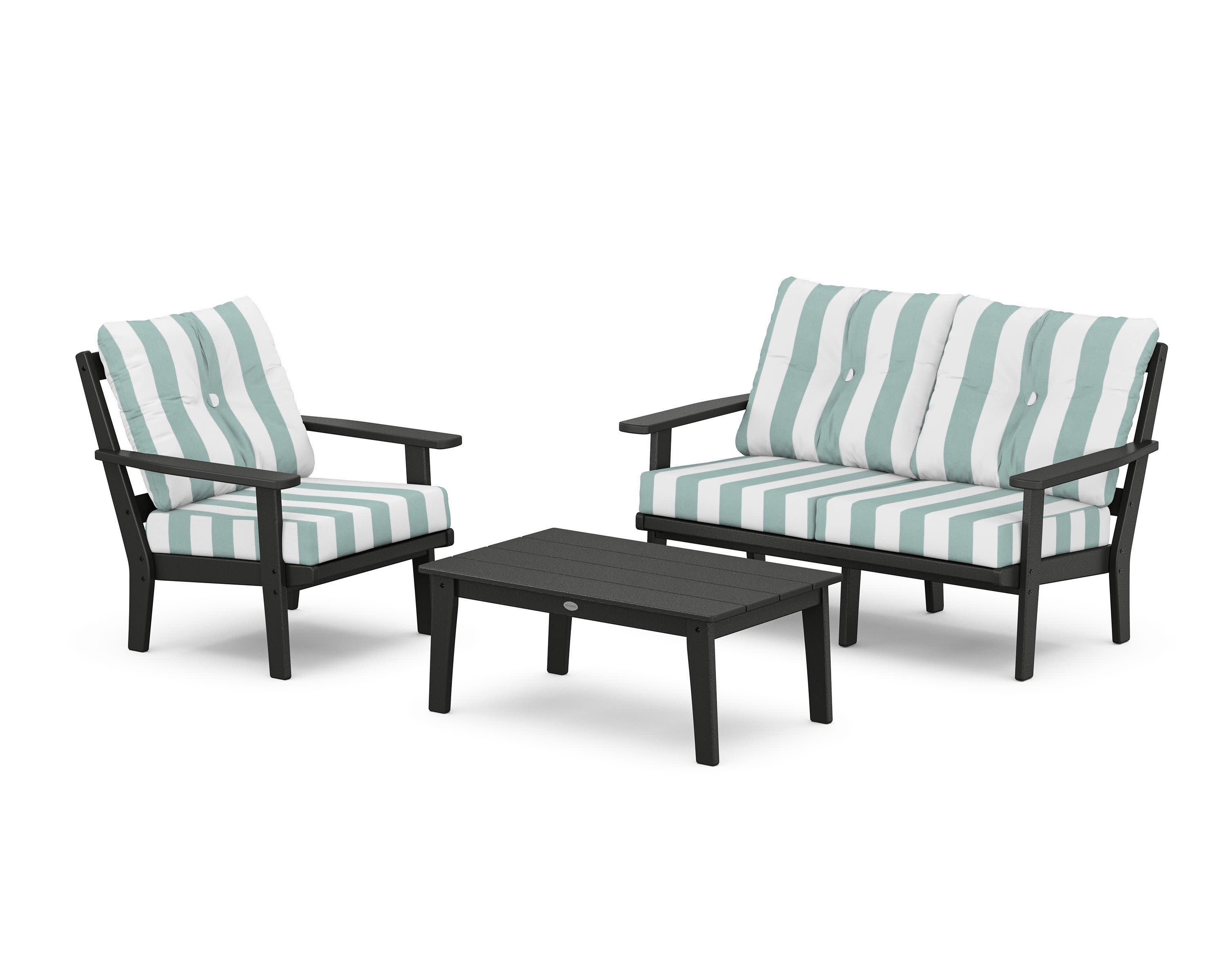 Oxford 3-Piece Deep Seating Set with Loveseat in Black / Cabana Stripe Glacier Spa